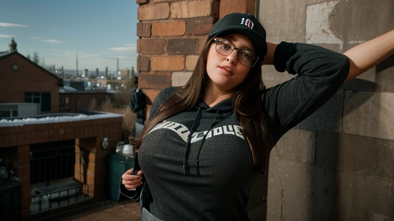 brunette ssbbw wearing leggings and a hoodie with glasses and a baseball cap stuck in the chimney, she is reaching her arms out for some help