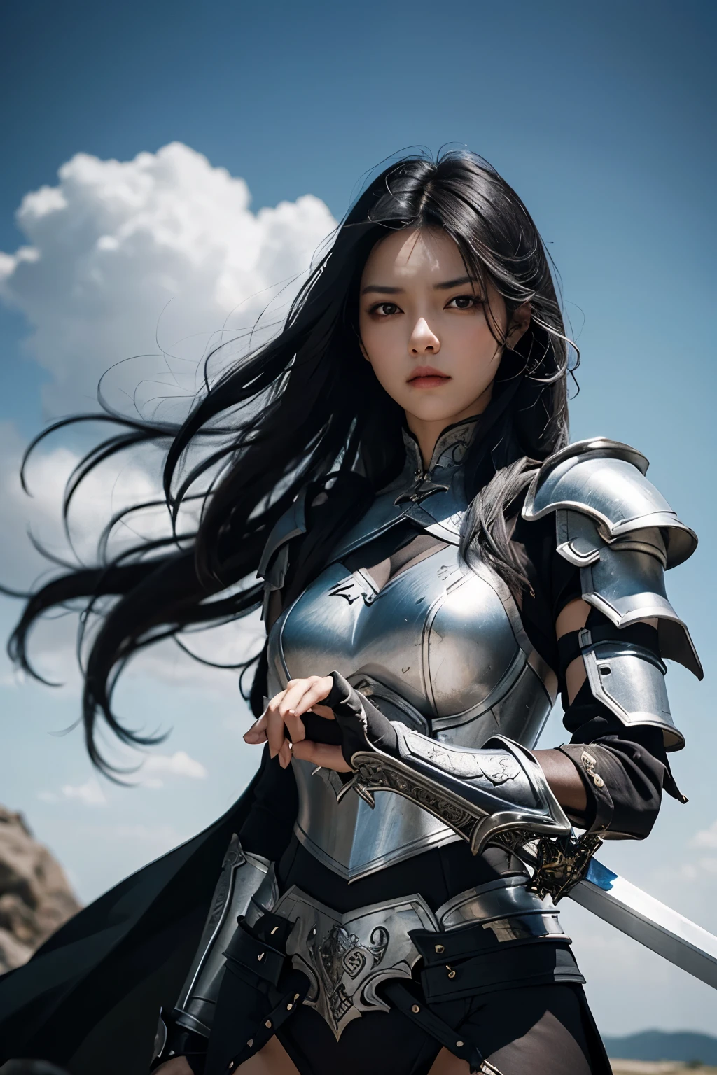 A beautiful woman holding a long sword. Black hair. She wears beautiful silver-white armor. She is looking at the camera with an angry expression.