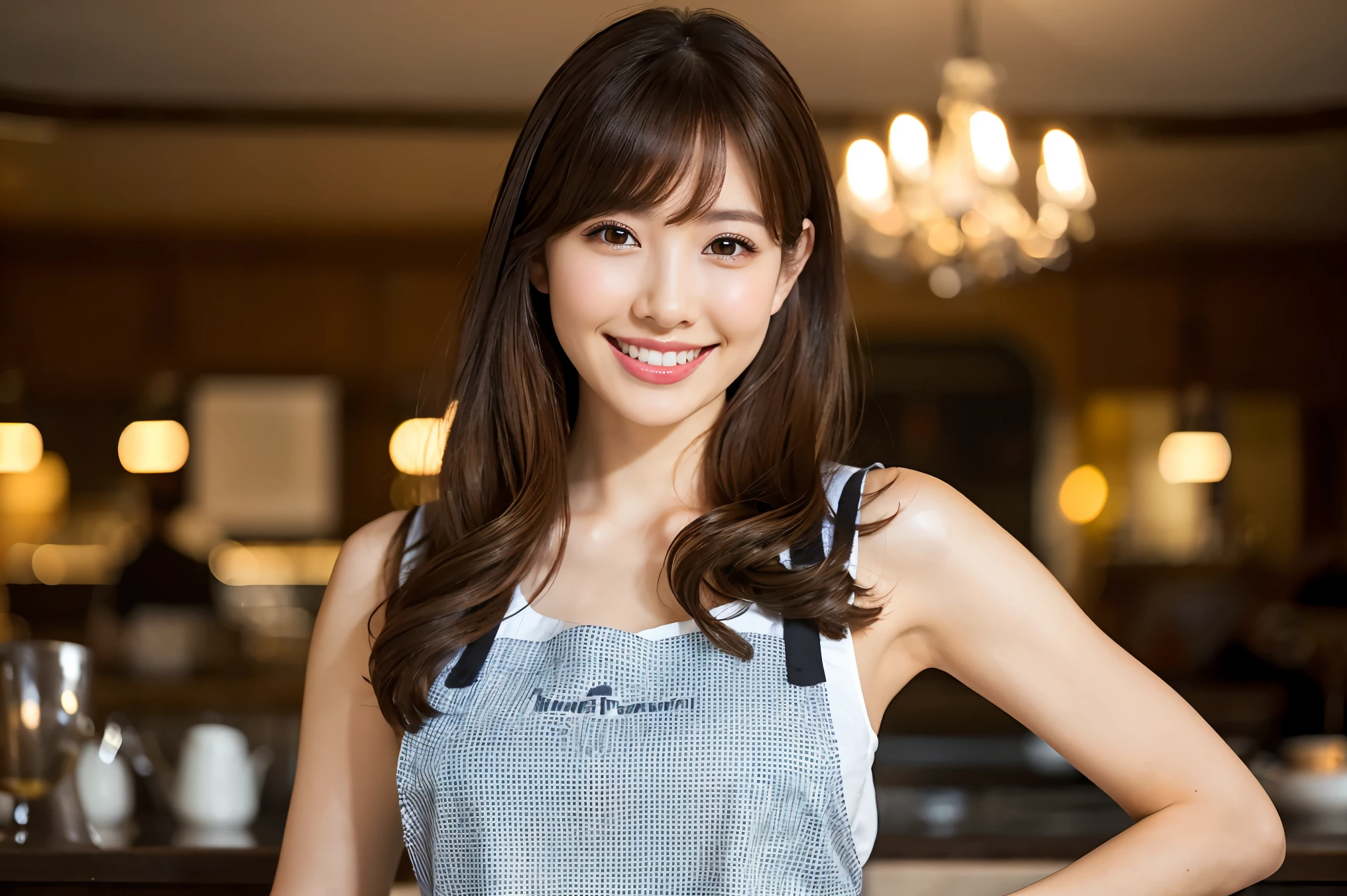 (highest quality、Tabletop、8k、Best image quality、Award-winning works)、Woman working in a café、(The perfect brown apron:1.2)、(Standing elegantly in a cafe:1.1)、(A classy shirt and apron:1.1)、(Big Breasts:1.1)、(Accentuate your body lines:1.1)、Beautiful woman portrait、The most elegant and cozy cafe、The most natural cafe, Perfectly organized、(The most atmospheric and warm lighting:1.1)、(The most romantic atmosphere:1.1)、Stylish and elegant cafe、Strongly blurred background、Look at me and smile、(Accurate anatomy:1.2)、Ultra high resolution perfect beautiful teeth、Ultra-high definition beauty face、Ultra HD Hair、Ultra HD The Shining Eyes、The Shining, Super high quality beautiful skin、Super high quality glossy lip