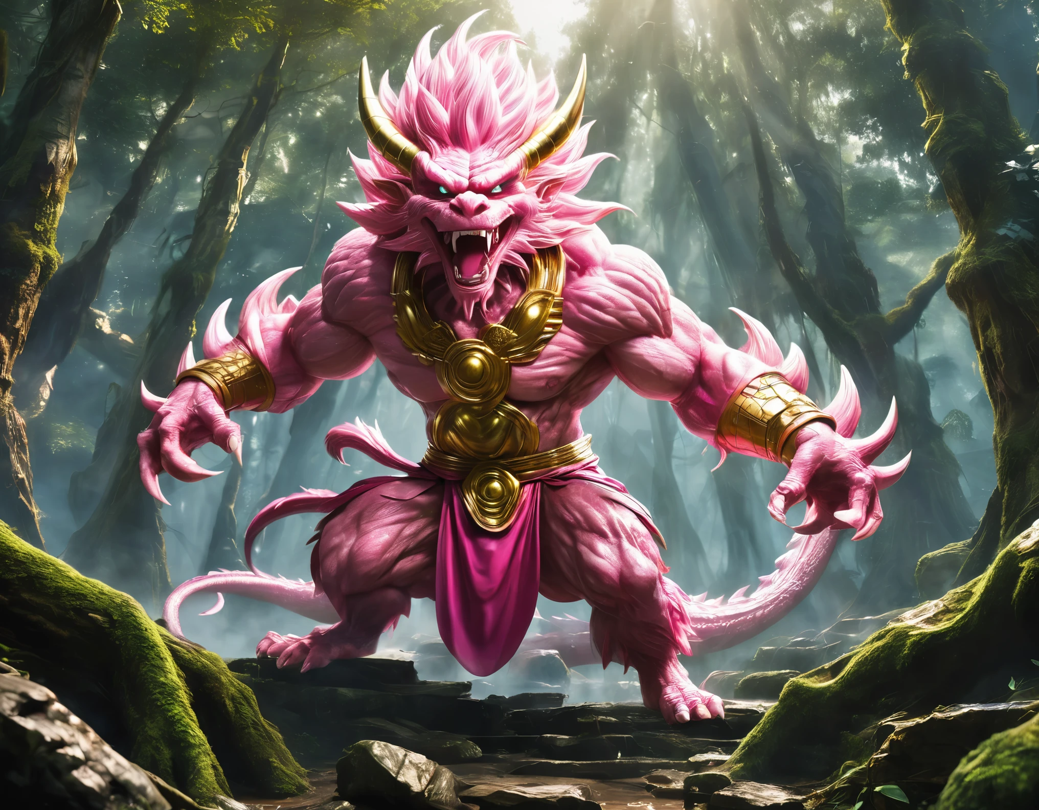 ((Photorealistic)), ((Wukong (({Journey to the west })) character in Son Goku {Dragon Ball} costume)), gold-plated outfit,beautiful face, detailed face, beautiful hands, detailed hands, 5 finger hands, holding M134 machine gun, character is fighting monsters {headless monster, smooth-skinned monster, pink, giant, ferocious, ferocious fierce, only 1 eye, 1 eye in the abdomen, big mouth, big mouth with thousands of small teeth), forest battle scene, great, ((majestic)), immense, battle light, majestic, atmosphere Fragile, beautiful, sharp, detailed images, masterpiece, best quality, highres, award winning, high details, anatomically correct, masterpiece, ccurate, award winning