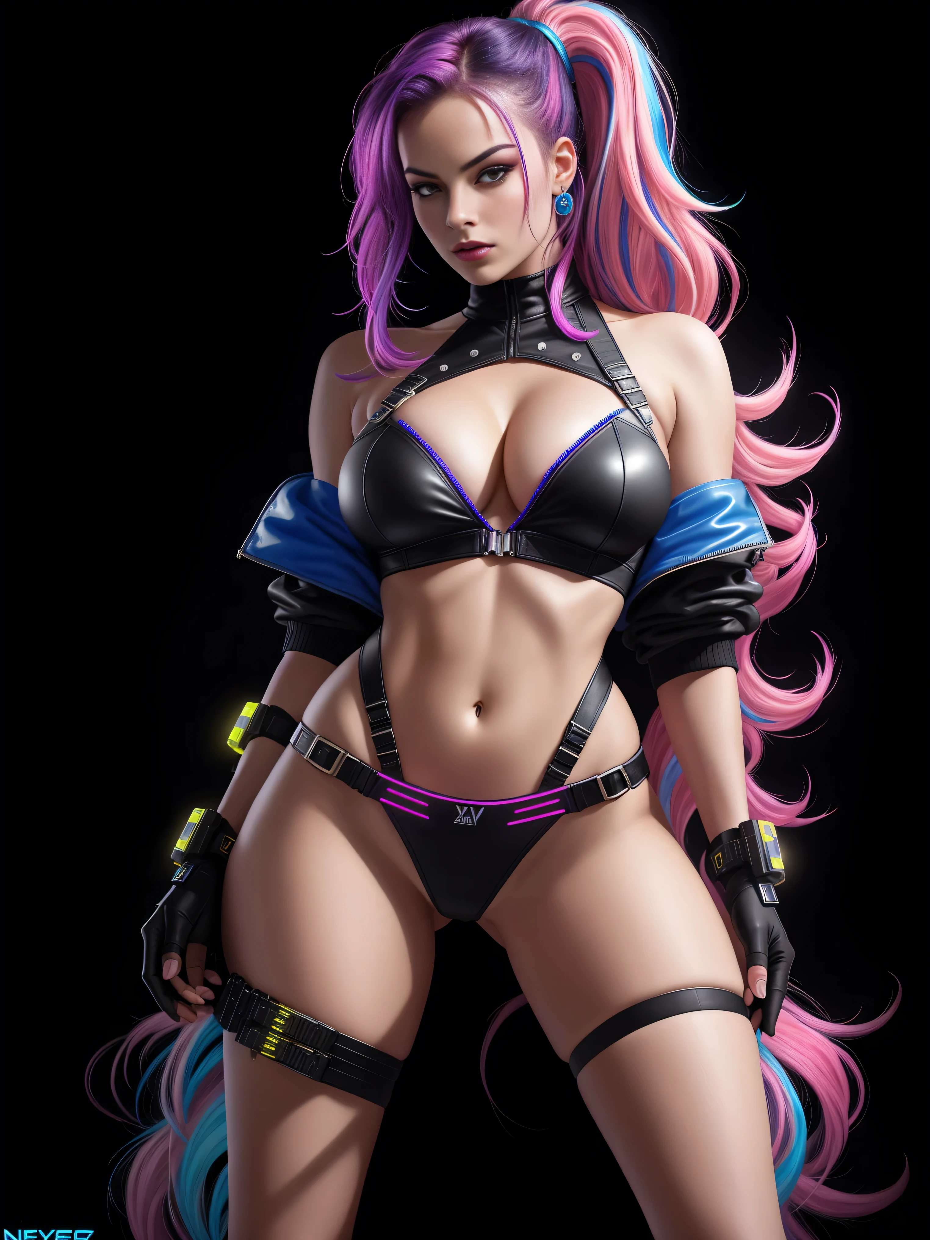 there is Margot Robbie, royal blue and bright purple neon streaked hair, hair in pony tail, 3 d neon art of a womans body, neon-noir background, cyberpunk femme fatale, seductive cyberpunk dark fantasy, cyberpunk strip clubs, cyberpunk 20 y. o model girl, oppai cyberpunk, banner, high definition cgsociety, cgsociety masterpiece, trending on cgstation, kda, random hair, looking at camera, gigantic breasts, cleavage, (high detailed skin:1.2), 8k uhd, dslr, super lighting, high quality, film grain, high res, highly detailed, hyper realistic, beautiful face, beautiful body, beautiful eyes nose lips, alluring expression, very bold, upper visible, full body photo, standing legs apart, pale translucent glowing skin, most beautiful face, cute, (well defined pubic hair:1.2)), (dark plain black background:1.4))