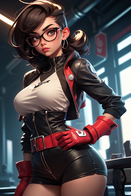 Wide angle shot, beautiful female street fighter, wearing large glasses, black undercut hair, wearing large iron gloves
