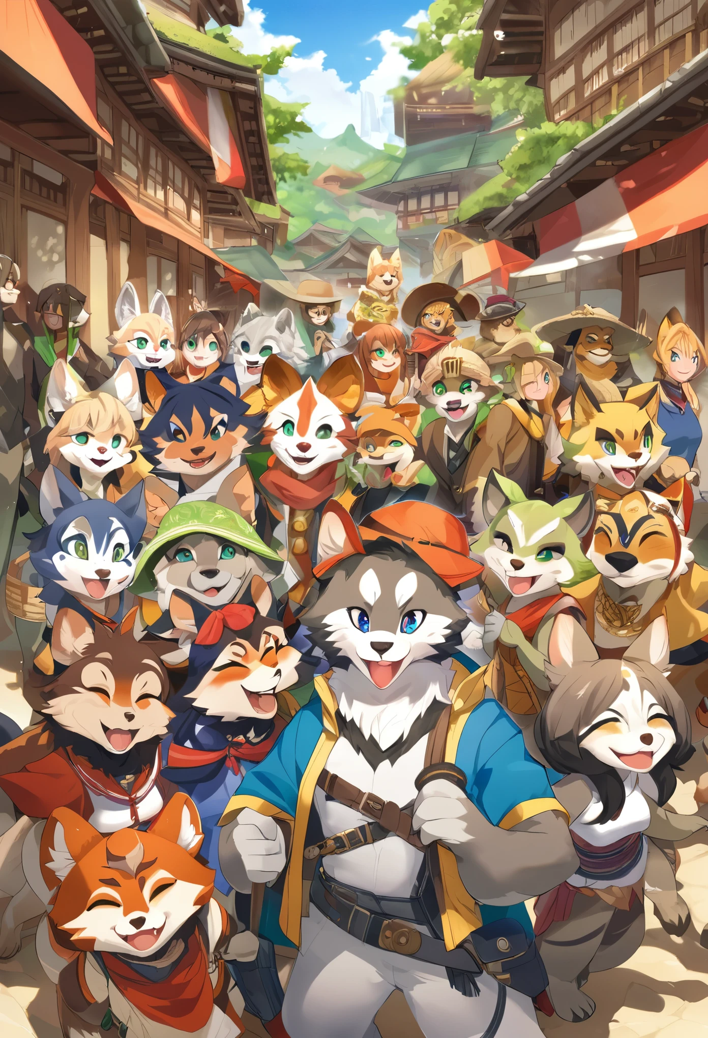 super high resolution, detailed background, World Heritage Site, 6+boys, 6+girls, Happy, joyful, absurdres(Photos of solo travelers)(kemono, furry anthro),