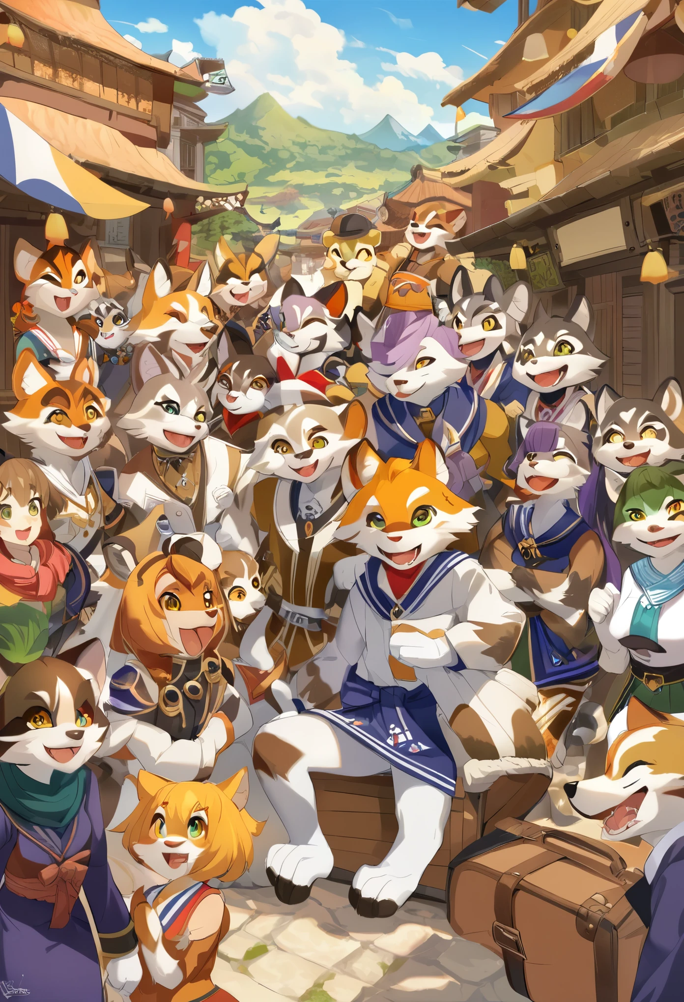 super high resolution, detailed background, World Heritage Site, 6+boys, 6+girls, Happy, joyful, absurdres(Photos of solo travelers)(kemono, furry anthro),