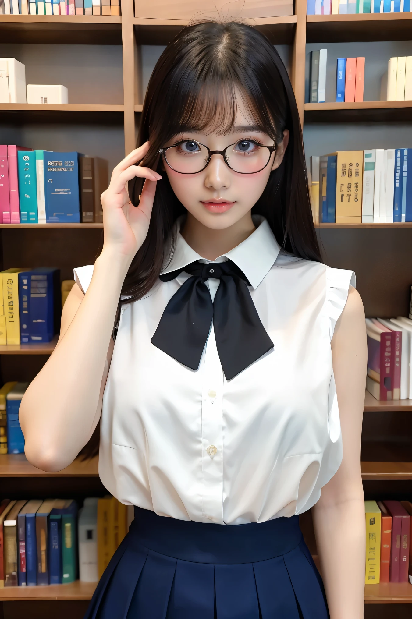 (highest quality、Tabletop、8k、Award-winning works、Ultra-high resolution、Best image quality)、One beautiful woman、(Perfect sleeveless white blouse with collar:1.2)、(White polyester sleeveless、Blouse with buttoned collar:1.3)、(elegant tight skirt:1.1)、(Huge breasts:1.1)、(Elegant round glasses:1.2)、library、(Standing Elegantly:1.1)、(Strongly blurred background:1.1)、Stand next to a bookshelf、(Perfectly organized bookshelf:1.1)、Bookshelf in the background、居心地の良いlibrary、lipstick、Long eyelashes、Heavy makeup、Perfect Makeup、Colored contact lenses、(Accentuate your body lines:1.1)、Soft and warm lighting、Detailed bookshelf、(Ultra-high resolutionの正確な美しい髪:1.1)、(Accurate anatomy:1.2)、Ultra-high definition beautiful eyes、(Super bright and radiant skin:1.1)