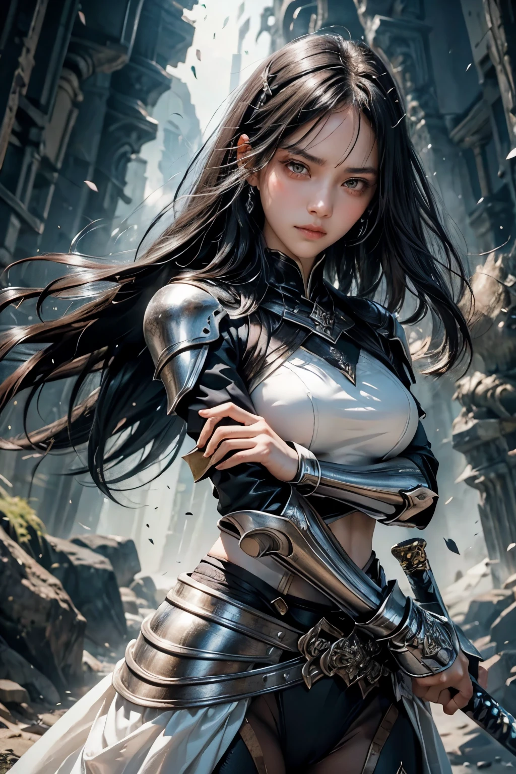 A beautiful woman holding a long sword. Black hair. She wears beautiful silver-white armor. She is looking at the camera with an angry expression.