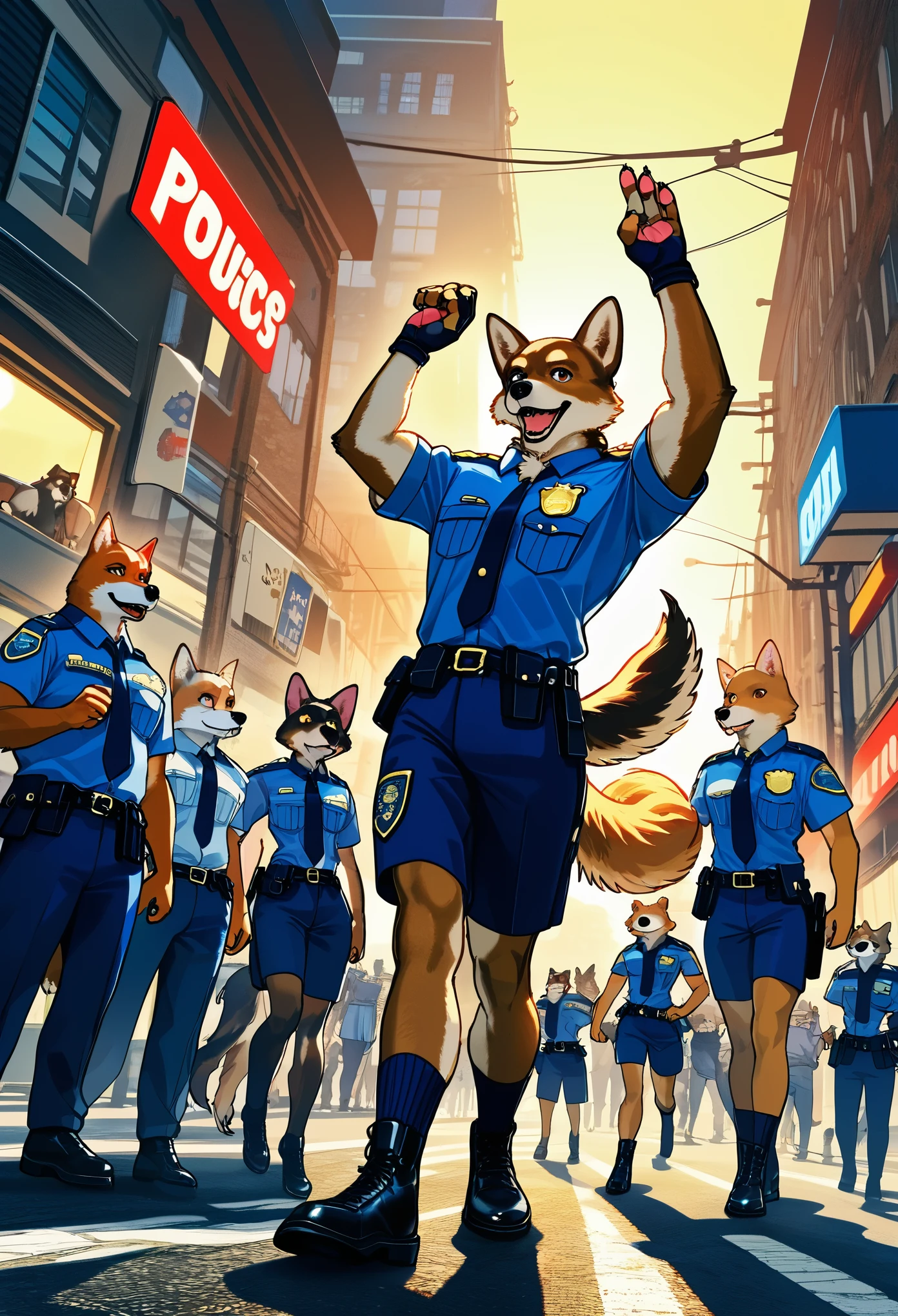 top quality, best quality, highres, masterpiece, super high resolution, detailed background, street, gasping for air(super handsome boys, dog)police officer, swat, police uniform, 6+boys, 6+girls, absurdres(highly detailed beautiful face and eyes)perfect anatomy, good lighting, volumetric lighting, cinematic shadow(kemono, furry anthro),