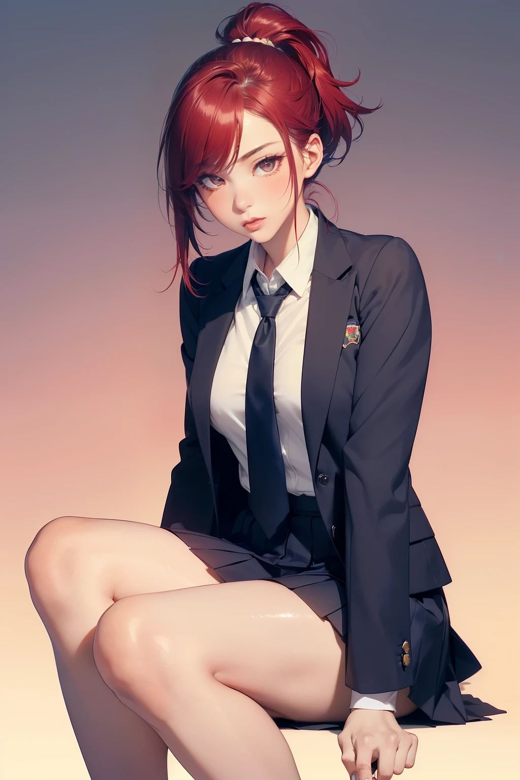 (masterpiece, best quality, cinematic, photorealistic, ultra-detailed), 1girl, Japanese student, thicc, (wide shot, from below:1.5), (smart-looking female student wearing female typically consists of a navy blue blazer or cardigan with the school emblem, paired with a white or light blue button-up shirt, a mini pleated skirt, optional accessories such as a tie and black or navy blue closed-toe shoes:1.4), (red hair, Low Ponytail with Hair Wrap:1.2), perfect hands, perfect face, (large chest, long round legs, shiny legs, sexy legs:1.4), round ass, (seductive pose:1.2), (brown eyes, soft and shimmery eyeshadows, detailed pupils, defined eyelashes), (blushing, slightly parted lips, cherry lips:1.2), (gradient background:1.2), (sitting carelessly)