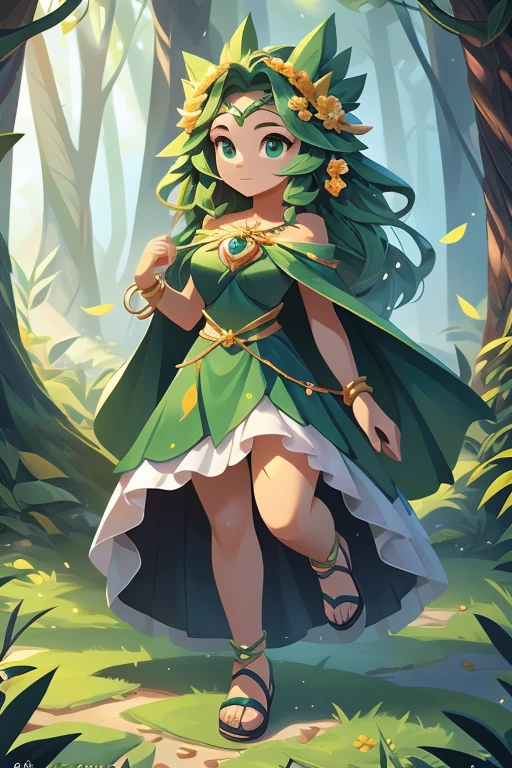 Nome completo: Gaia Greenleaf

Pode:

Manipulate the earth and control plants Create earthquakes and landslides Heal through contact with nature Color: Verde esmeralda

Estilo de roupa:

Long green dress with leaf details Rustic sandals Green cape with vine details Accessories:

Coroa de flores e folhas
Bracelete com pedras verdes
Colar com pingente de folha
Tela de fundo:

lush forest with tall trees, plantas e animais da natureza
