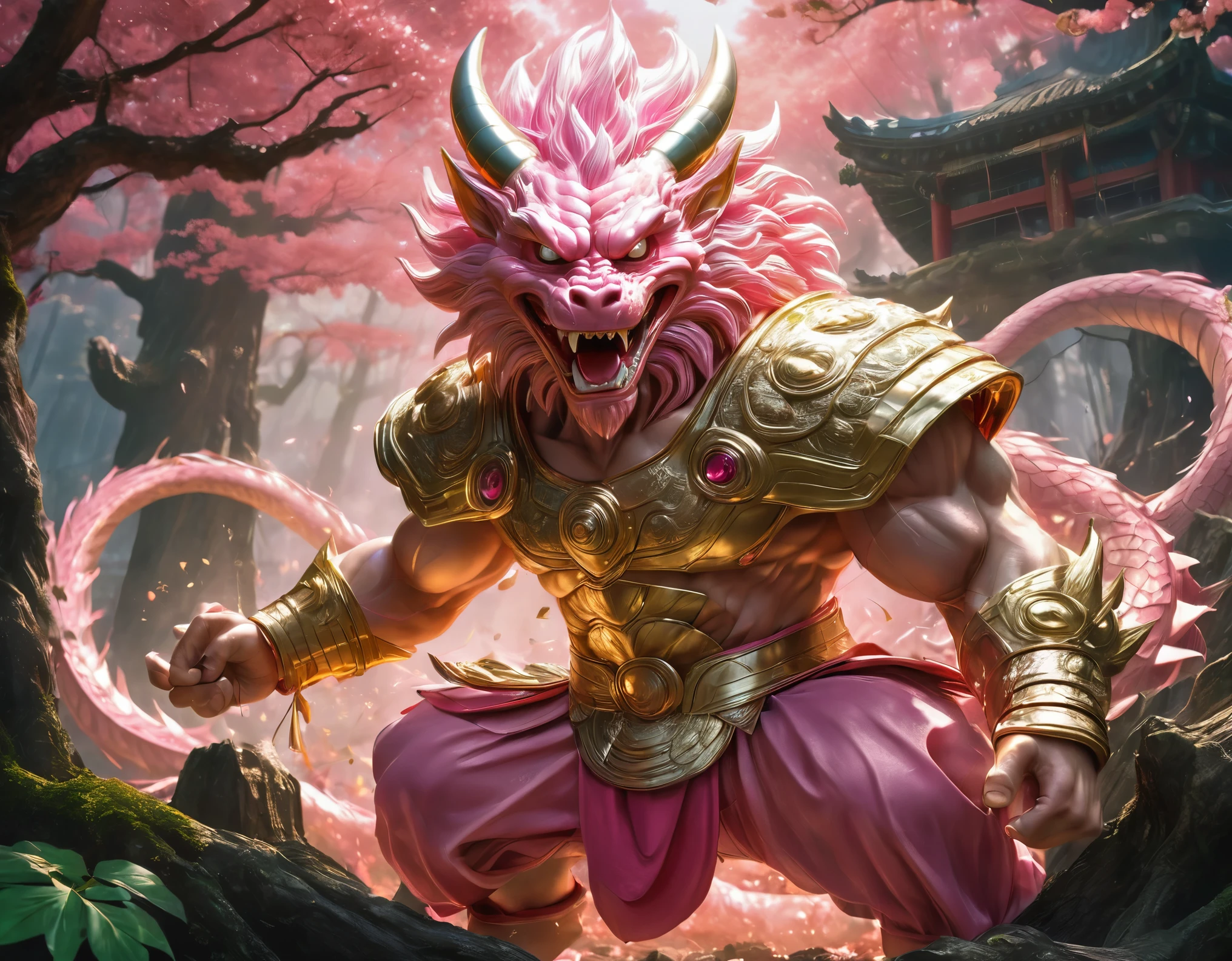 ((Photorealistic)),  ((Wukong (({Journey to the west })) character in Son Goku {Dragon Ball} costume)), gold-plated outfit,beautiful face, detailed face, beautiful hands, detailed hands, 5 finger hands, holding M134 machine gun, character is fighting monsters {headless monster, smooth-skinned monster, pink, giant, ferocious, ferocious fierce, only 1 eye, 1 eye in the abdomen, big mouth, big mouth with thousands of small teeth), forest battle scene, great, ((majestic)), immense, battle light, majestic, atmosphere Fragile, beautiful, sharp, detailed images, masterpiece, best quality, highres, award winning, high details, anatomically correct, masterpiece, ccurate, award winning