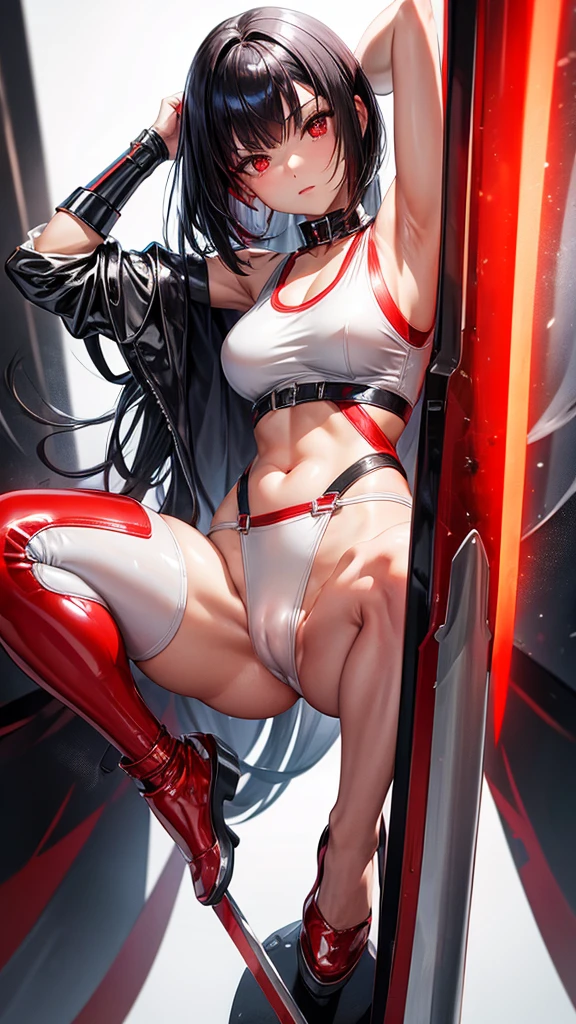 solo girl,Glossy metalic light silver tank top, tight latex shiny, Red interpolation color,Black hair bob,red eyes, camel toe, Samurai Sword,
Lift one leg,