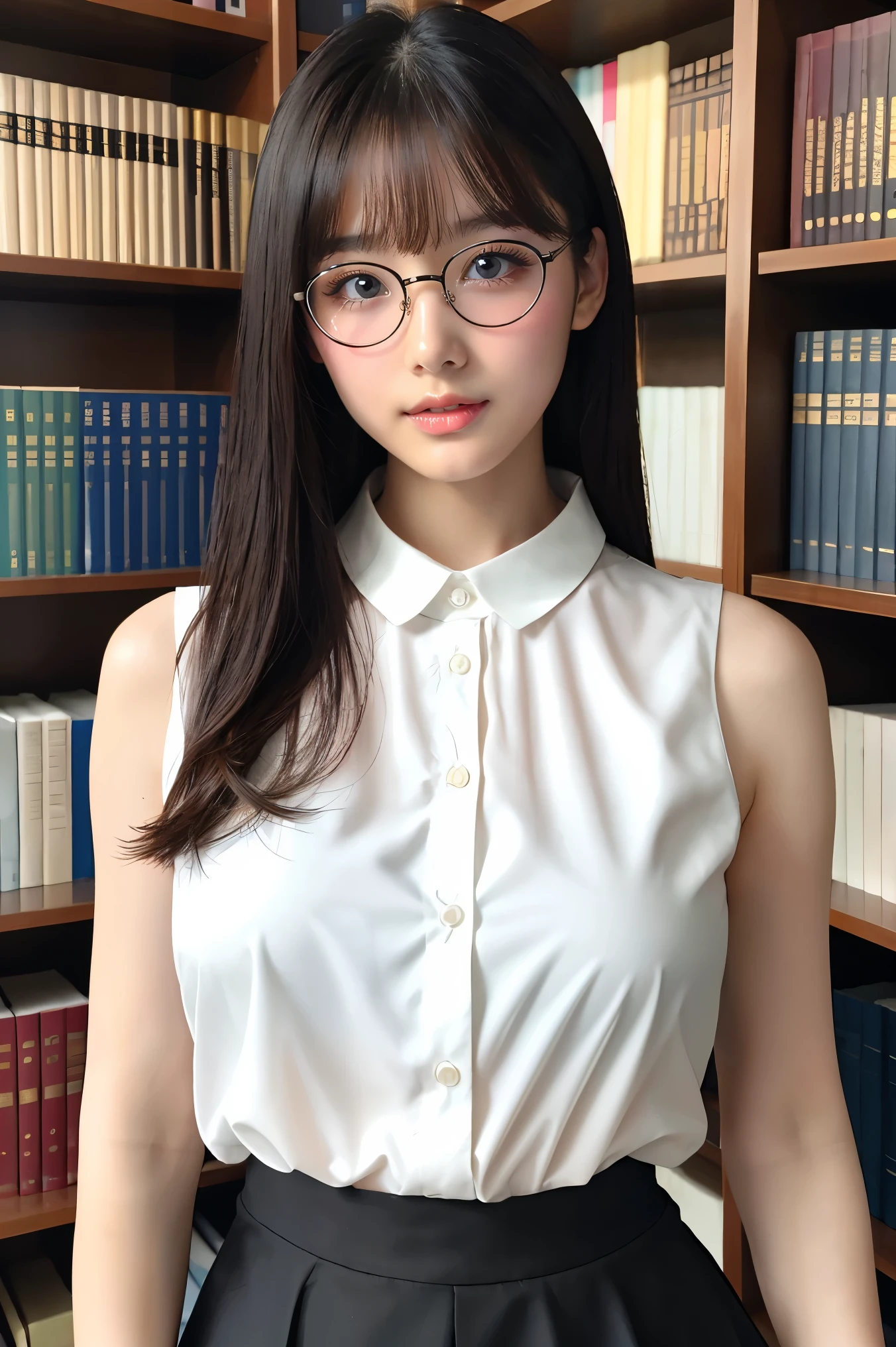 (highest quality、Tabletop、8k、Award-winning works、Ultra-high resolution、Best image quality)、One beautiful woman、(Perfect sleeveless white blouse with collar:1.2)、(White polyester sleeveless、Blouse with buttoned collar:1.3)、(Elegant tight mini skirt:1.1)、(Huge breasts:1.2)、(Elegant round glasses:1.2)、library、(Standing Elegantly:1.1)、(Strongly blurred background:1.1)、Stand next to a bookshelf、(Perfectly organized bookshelf:1.1)、Bookshelf in the background、居心地の良いlibrary、lipstick、Long eyelashes、Heavy makeup、Perfect Makeup、Colored contact lenses、Accentuate your body lines、Soft and warm lighting、Detailed bookshelf、(Ultra-high resolutionの正確な美しい髪:1.1)、(Accurate anatomy:1.2)、Ultra-high definition beautiful eyes、(Super bright and radiant skin:1.1)