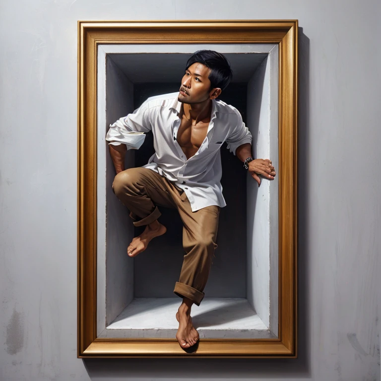 Oil Painting An Indonesian man, apparently in a state of surprise or curiosity, emerges from a rectangular frame. He was wearing a white, loose shirt and brown trousers. The man's right hand was tied