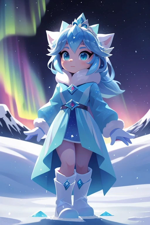 Nome completo: Aurora Frost

Pode:

Create and manipulate ice and snow Create ice constructions to defend yourself Control the temperature around you Color: Azul claro

Estilo de roupa:

Long blue dress with ice details White faux fur coat White high boots Accessories:

Tiara de cristais de gelo
Brincos de pingentes em forma de floco de neve
Luvas brancas com detalhes de gelo
Tela de fundo:

Snow-covered landscape with mountains in the background and aurora borealis in the sky