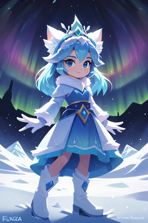 Nome completo: Aurora Frost

Pode:

Create and manipulate ice and snow Create ice constructions to defend yourself Control the temperature around you Color: Azul claro

Estilo de roupa:

Long blue dress with ice details White faux fur coat White high boots Accessories:

Tiara de cristais de gelo
Brincos de pingentes em forma de floco de neve
Luvas brancas com detalhes de gelo
Tela de fundo:

Snow-covered landscape with mountains in the background and aurora borealis in the sky