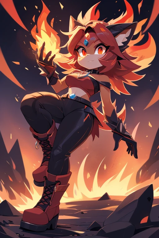 Personagem: Ember Features:

Personalidade: Feroz, impulsiva, poderosa
Poder: Controle sobre o fogo
Nome completo: Ember Blaze

Pode:

Create and manipulate flames Control the temperature around you Generate explosions of fire Color: Vermelho intenso

Estilo de roupa:

Red top with fire details Tight black pants Black combat boots Accessories:

Colar com pingente de chama
Pulseiras de metal com detalhes de chamas
Anel em forma de chama
Tela de fundo:

Volcano erupting with lava gushing and flames all around