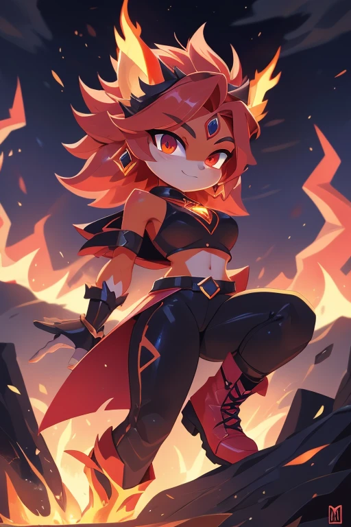 Personagem: Ember Features:
Personalidade: Feroz, impulsiva, poderosa
Poder: Controle sobre o fogo
Nome completo: Ember Blaze
Pode:
Create and manipulate flames Control the temperature around you Generate explosions of fire Color: Vermelho intenso
Estilo de roupa:
Red top with fire details Tight black pants Black combat boots Accessories:
Colar com pingente de chama
Pulseiras de metal com detalhes de chamas
Anel em forma de chama
Tela de fundo:
Volcano erupting with lava gushing and flames all around