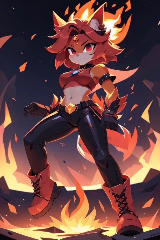 Personagem: Ember Features:
Personalidade: Feroz, impulsiva, poderosa
Poder: Controle sobre o fogo
Nome completo: Ember Blaze
Pode:
Create and manipulate flames Control the temperature around you Generate explosions of fire Color: Vermelho intenso
Estilo de roupa:
Red top with fire details Tight black pants Black combat boots Accessories:
Colar com pingente de chama
Pulseiras de metal com detalhes de chamas
Anel em forma de chama
Tela de fundo:
Volcano erupting with lava gushing and flames all around