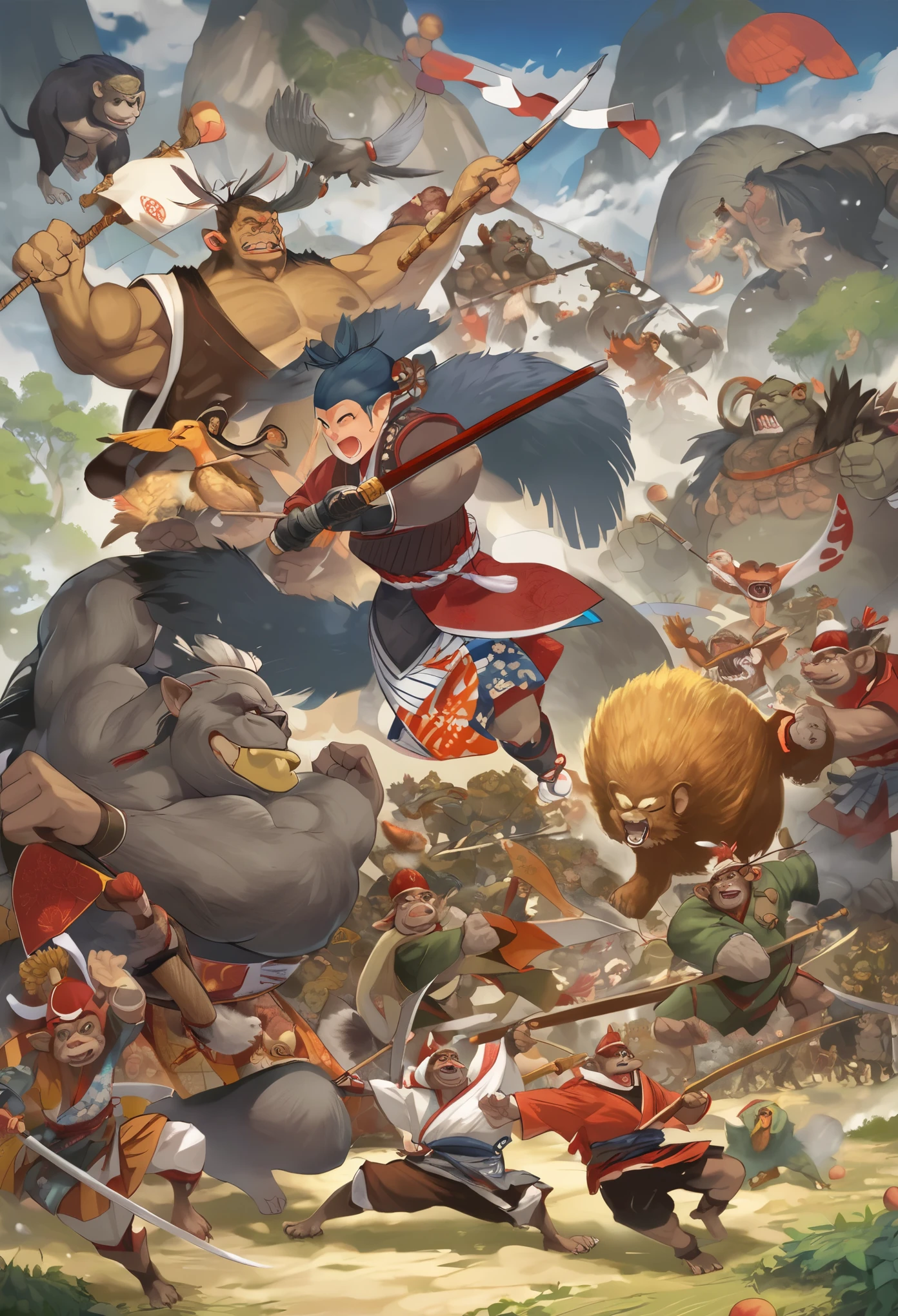 (masterpiece, top quality, best quality)dynamic scene from the Japanese folktale 'Momotaro', showing Momotaro fighting alongside his animal companions, a dog, a monkey, and a pheasant, against the ogres, The scene should be set on the Ogre Island, with Momotaro wearing traditional Japanese warrior clothing, holding a flag with the peach emblem, The animals should be actively participating in the battle, and ogres should appear menacing but not too scary, suitable for a children's book illustration, The style should be vibrant and detailed, capturing the energy and bravery of the legendary tale,