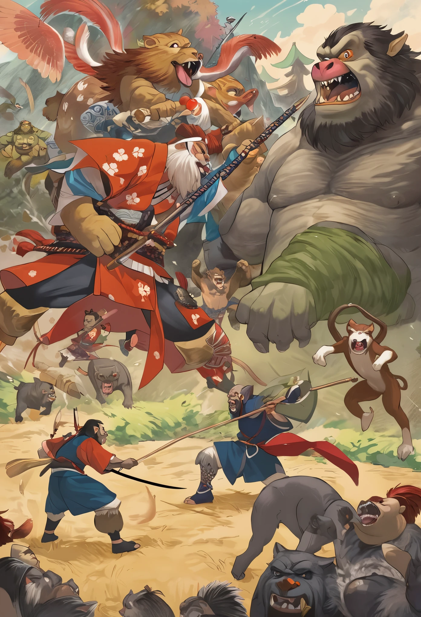 (masterpiece, top quality, best quality)dynamic scene from the Japanese folktale 'Momotaro', showing Momotaro fighting alongside his animal companions, a dog, a monkey, and a pheasant, against the ogres, The scene should be set on the Ogre Island, with Momotaro wearing traditional Japanese warrior clothing, holding a flag with the peach emblem, The animals should be actively participating in the battle, and ogres should appear menacing but not too scary, suitable for a children's book illustration, The style should be vibrant and detailed, capturing the energy and bravery of the legendary tale,