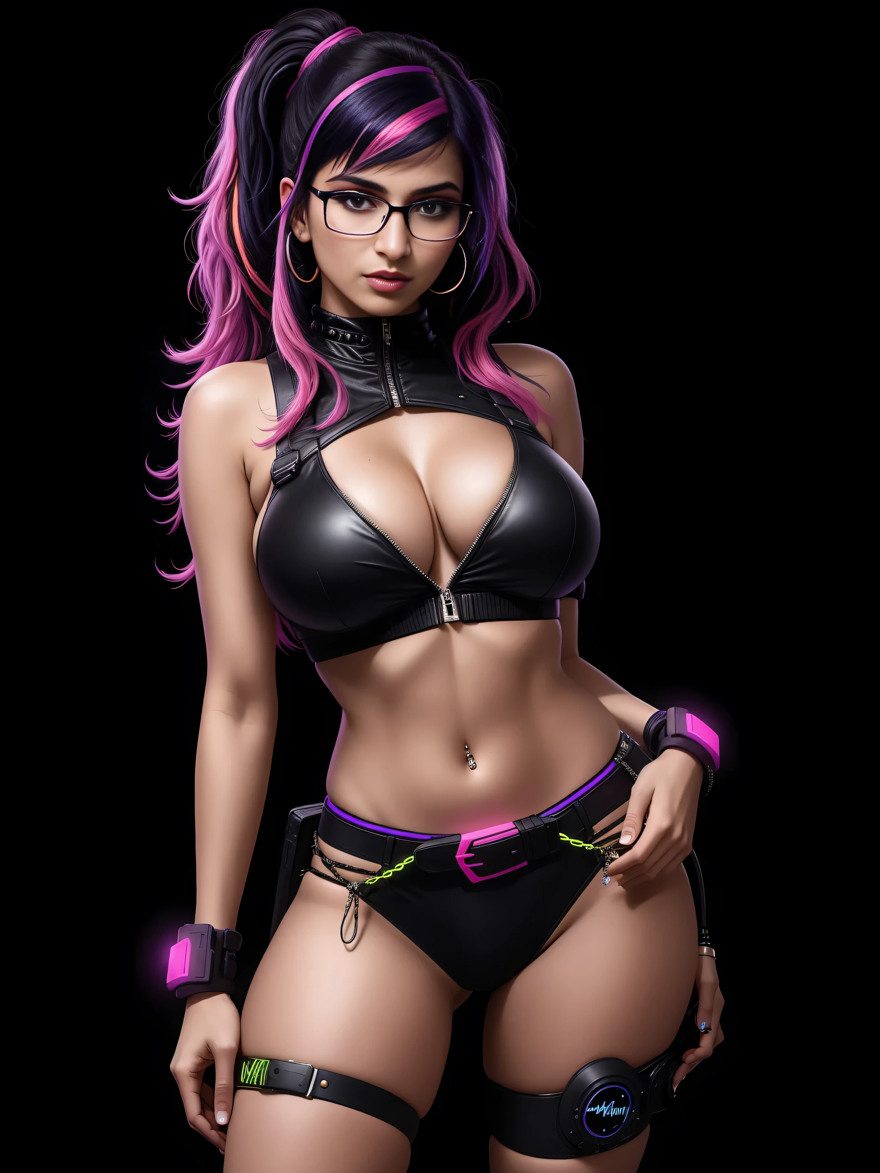 there is Mia Khalifa, wearing rayban glasses, royal blue and bright purple neon streaked hair, hair in pony tail, 3 d neon art of a womans body, neon-noir background, cyberpunk femme fatale, seductive cyberpunk dark fantasy, cyberpunk strip clubs, cyberpunk 20 y. o model girl, oppai cyberpunk, banner, high definition cgsociety, cgsociety masterpiece, trending on cgstation, kda, random hair, looking at camera, gigantic breasts, cleavage, (high detailed skin:1.2), 8k uhd, dslr, super lighting, high quality, film grain, high res, highly detailed, hyper realistic, beautiful face, beautiful body, beautiful eyes nose lips, alluring expression, very bold, upper visible, full body photo, standing legs apart, pale translucent glowing skin, most beautiful face, cute, (well defined pubic hair:1.2)), (dark plain black background:1.4))
