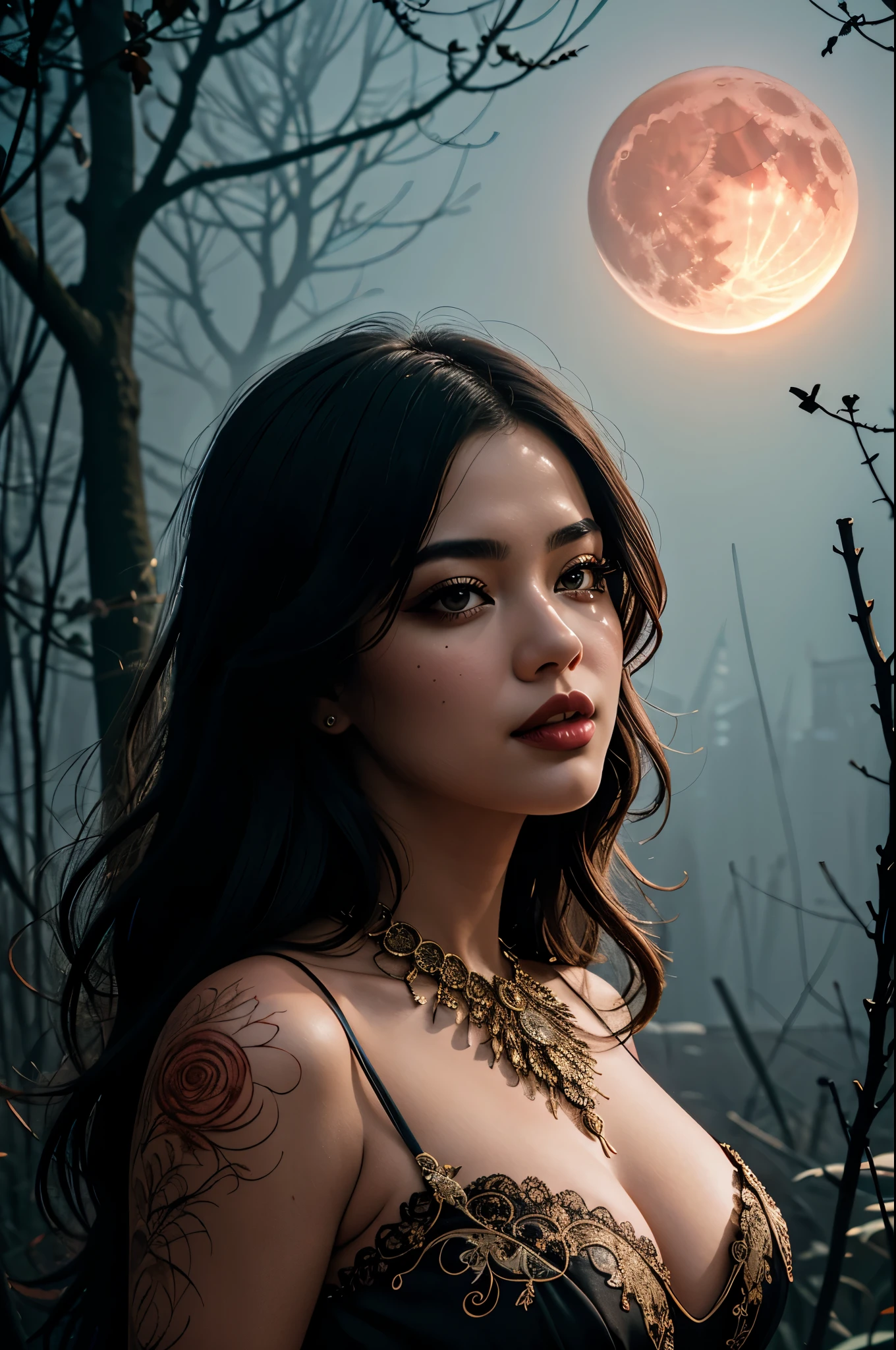 Luxury magazine phtoto, thicc girl, Full_body_Beautiful_seductive_enchantress, highly detailed dress, blood moon, red glow, mist, eerie Gothic aesthetic, double exposure photography, backlit, hyperdetailed double exposure, Junji Ito, victo ngai, M.W. Kaluta, richard anderson, masterpiece, 8k resolution, highly detailed, intricate, vogue style