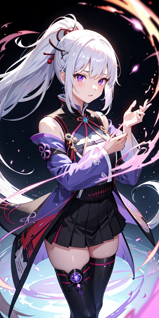 1girl, japanese clothes, ponytail ,white hair, purple eyes, magic circle, blue fire, blue flames, wallpaper, landscape, blood, blood splatter, depth of field, night, light particles, light rays, sidelighting, thighs, fate \(series\), genshin impact, ****, open jacket, skirt, thighhighs, cloud