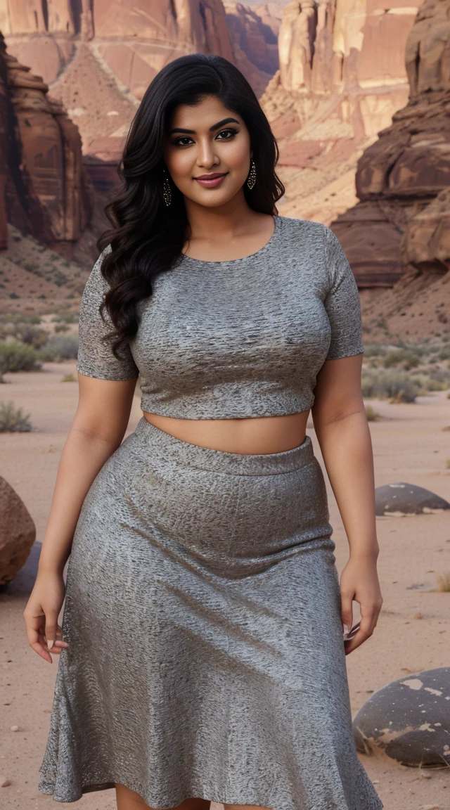 srabanti chatterjee Indian beautiful actress curvy plus size hour glass bulky figure woman, closeup camera view, wearing SHEIN Young Girl 1pc High Low Hem Mesh Skirt, different style hairstyle, bright eyes, thin eyebrows, fair skin, blushing cheeks, prefect head to toe view, full body view, Desert Canyon: A rugged canyon with towering rock formations and desert landscapes. smile face, black hair, Indian face, perfect skin tone light, ultra realistic skin texture