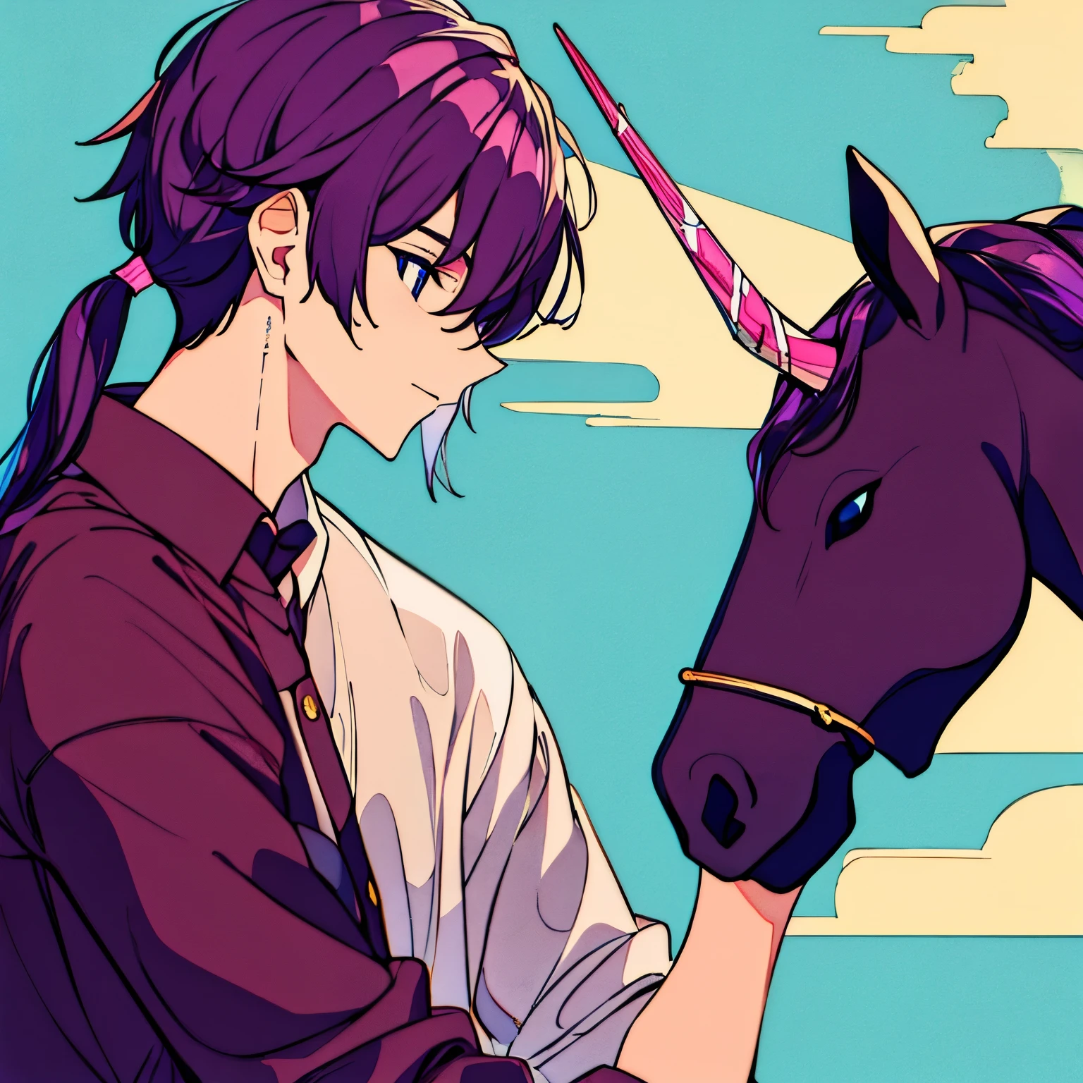 Boy with dark purple hair and unicorn horn