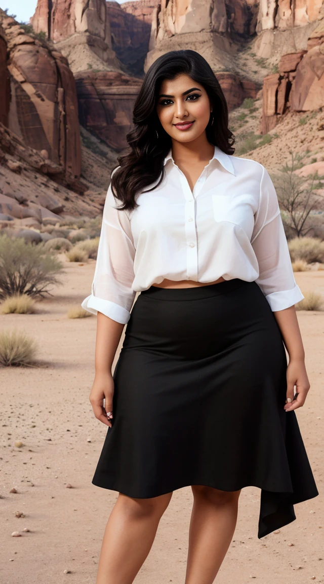 srabanti rjee Indian beautiful actress curvy plus size hour glass bulky figure woman, closeup camera view, wearing SHEIN Young Girl 1pc High Low Hem Mesh Skirt, different style hairstyle, bright eyes, thin eyebrows, fair skin, blushing cheeks, prefect head to toe view, full body view, Desert Canyon: A rugged canyon with towering rock formations and desert landscapes. smile face, black hair, Indian face, perfect skin tone light, ultra realistic skin texture