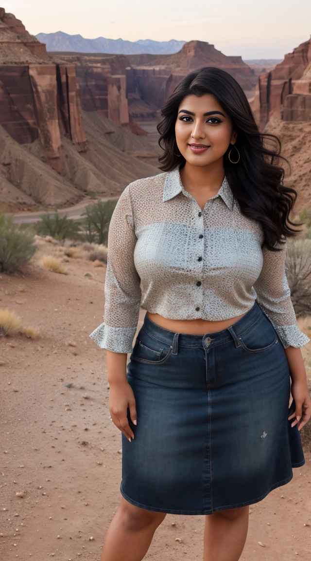 srabanti chatterjee Indian beautiful actress curvy plus size hour glass bulky figure woman, closeup camera view, wearing SHEIN Young Girl 1pc High Low Hem Mesh Skirt, different style hairstyle, bright eyes, thin eyebrows, fair skin, blushing cheeks, prefect head to toe view, full body view, Desert Canyon: A rugged canyon with towering rock formations and desert landscapes. smile face, black hair, Indian face, perfect skin tone light, ultra realistic skin texture