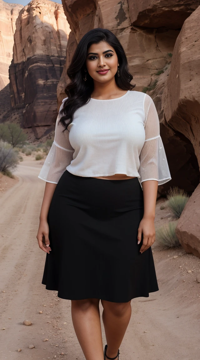 srabanti chatterjee Indian beautiful actress curvy plus size hour glass bulky figure woman, closeup camera view, wearing SHEIN Young Girl 1pc High Low Hem Mesh Skirt, different style hairstyle, bright eyes, thin eyebrows, fair skin, blushing cheeks, prefect head to toe view, full body view, Desert Canyon: A rugged canyon with towering rock formations and desert landscapes. smile face, black hair, Indian face, perfect skin tone light, ultra realistic skin texture