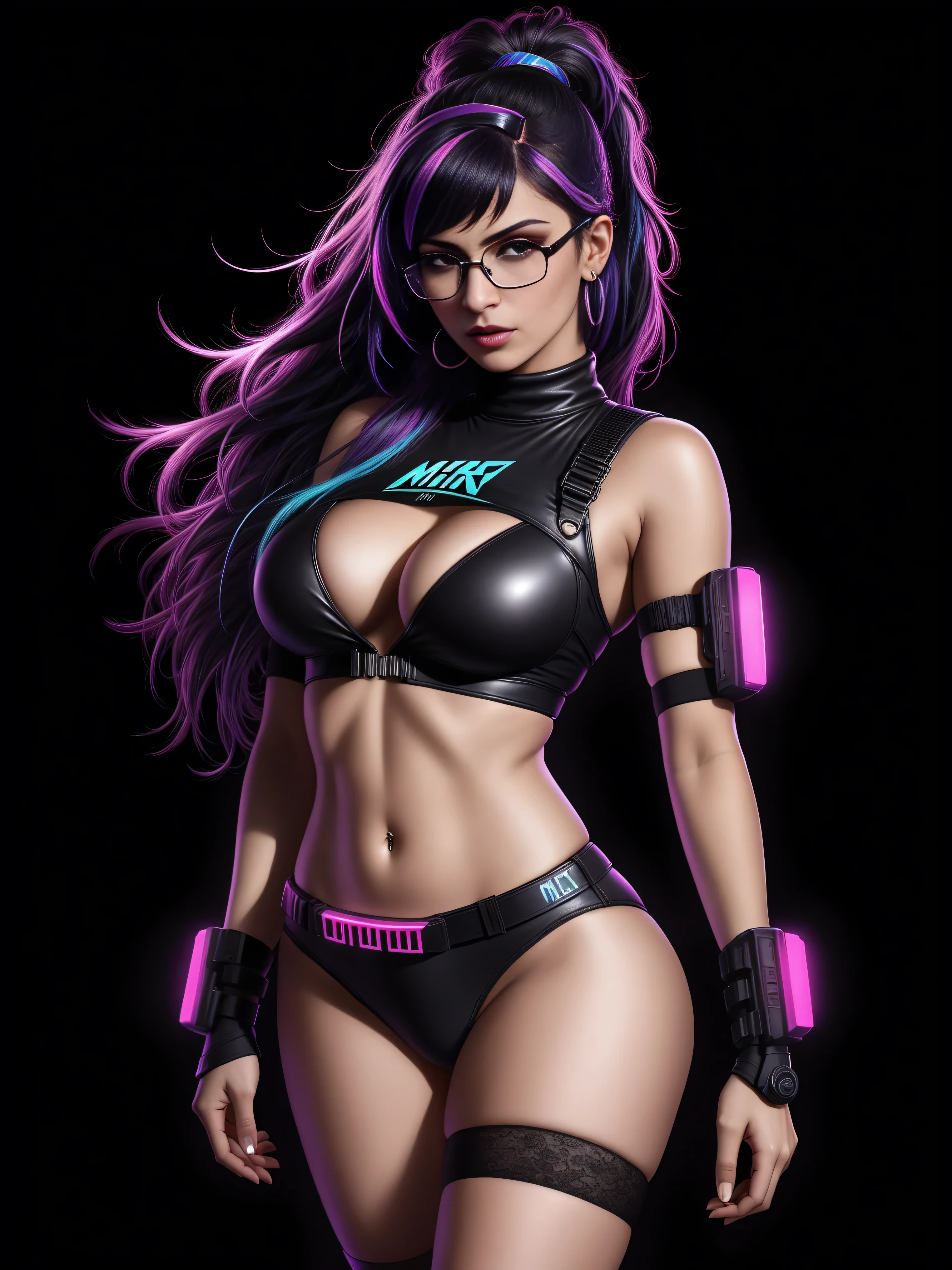 there is Mia Khalifa, wearing rayban glasses, royal blue and bright purple neon streaked hair, hair in pony tail, 3 d neon art of a womans body, neon-noir background, cyberpunk femme fatale, seductive cyberpunk dark fantasy, cyberpunk strip clubs, cyberpunk 20 y. o model girl, oppai cyberpunk, banner, high definition cgsociety, cgsociety masterpiece, trending on cgstation, kda, random hair, looking at camera, gigantic breasts, cleavage, (high detailed skin:1.2), 8k uhd, dslr, super lighting, high quality, film grain, high res, highly detailed, hyper realistic, beautiful face, beautiful body, beautiful eyes nose lips, alluring expression, very bold, upper visible, full body photo, standing legs apart, pale translucent glowing skin, most beautiful face, cute, (well defined pubic hair:1.2)), (dark plain black background:1.4))