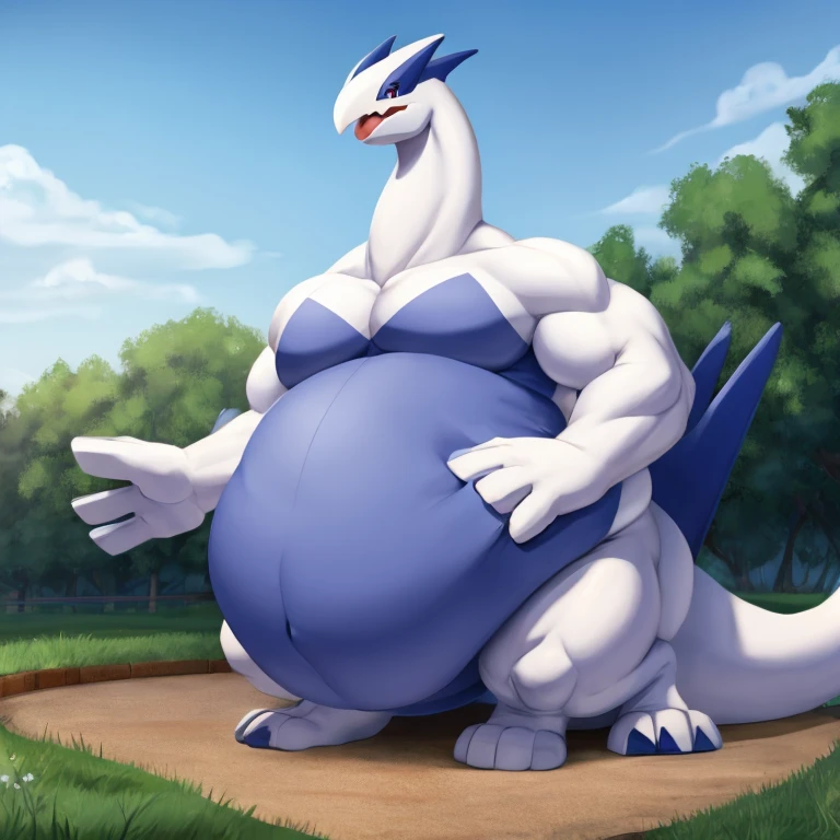 Pokemon, Lugia, obese, small face, huge belly, thick arms, belly touches the ground 