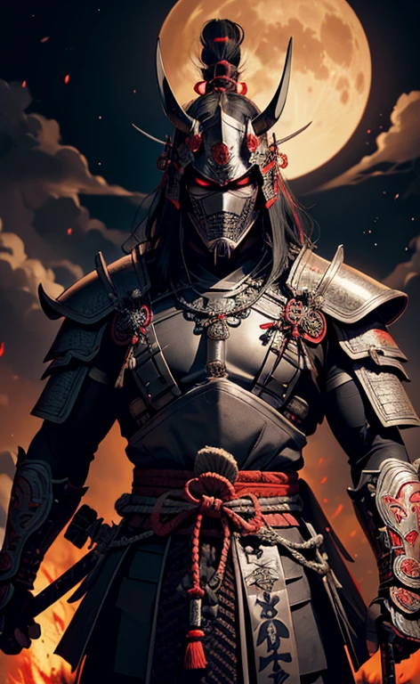 there is a man in armor holding a sword and a demon, demon samurai, demon samurai warrior, samurai with demon mask, black bull samurai, moon bull samurai, cyborg samurai, villain wearing a red oni mask, samurai, oni, the samurai is wrapped in chains, samurai warrior, detailed bushido form smoke, inspired by Kanō Hōgai, neon samurai