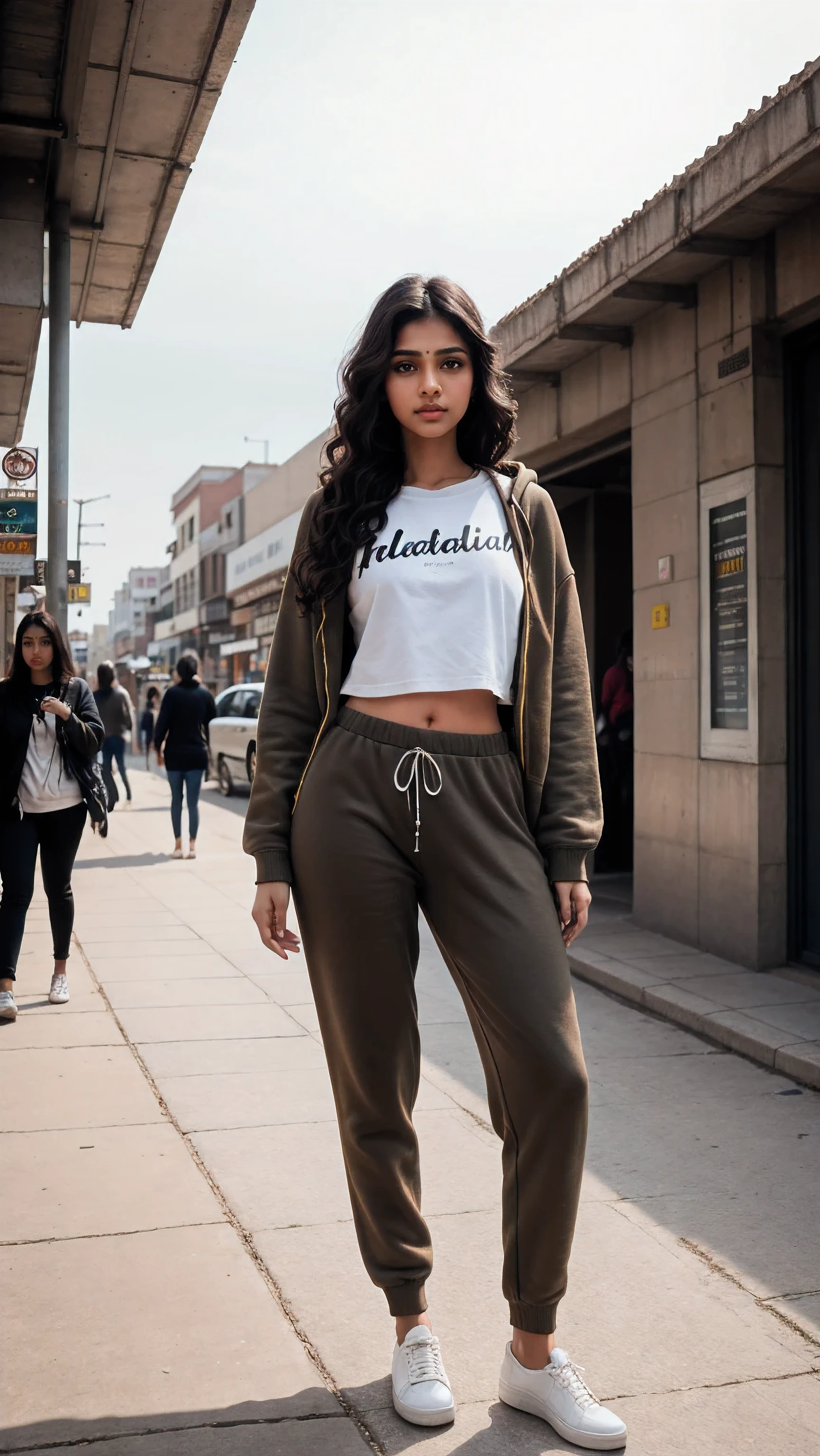 A photorealistic portrait of a 25-year-old Indian woman, with brown eyes, curly hair, and fair skin, dressed in a stylish hoodie and cotton pants, standing in a modern Indian urban environment, with a view of crowded streets and the beautiful sky above, full body shot, high detailed, showcasing the fusion of traditional Indian aesthetics with contemporary fashion trends.