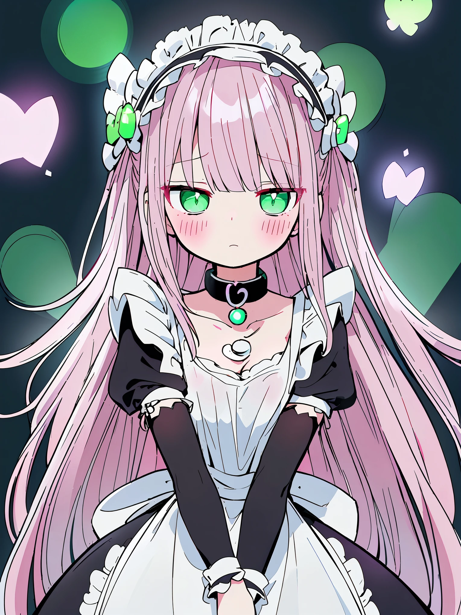 (((pearl pink hair,emerald pupils,green eyes))),((beautiful and detailed)),(blushing), (geometric:1.1),(((black and white maid dress with frills,collar,hood))), ((1girl,amazing,adorable maid,solo,arms down,big big eyes)),(Masterpiece,Best quality, offcial art,fractal art, Beautiful and aesthetic:1.2),(4k,HD,HRS),((small breasts)),(Physically-based rendering),Sharp focus, (((highdetailskin,The details are complex、Shallow depth of field、movie lighting、Reflectors、a Canon EOS R5、50mm lens、f / 2.8、shot at 8k resolution))),simple cloths，correct pupils,((((shiny hair|soft hair|half bangs|long hair)))),(masterpiece sidelighting),(The sheen),(beautiful hair,beautiful background,bokeh:55mm)),((extremely_Detailed_Eyes_and_face)),Movie girl,(Dynamic posture: 1.2),Brilliant