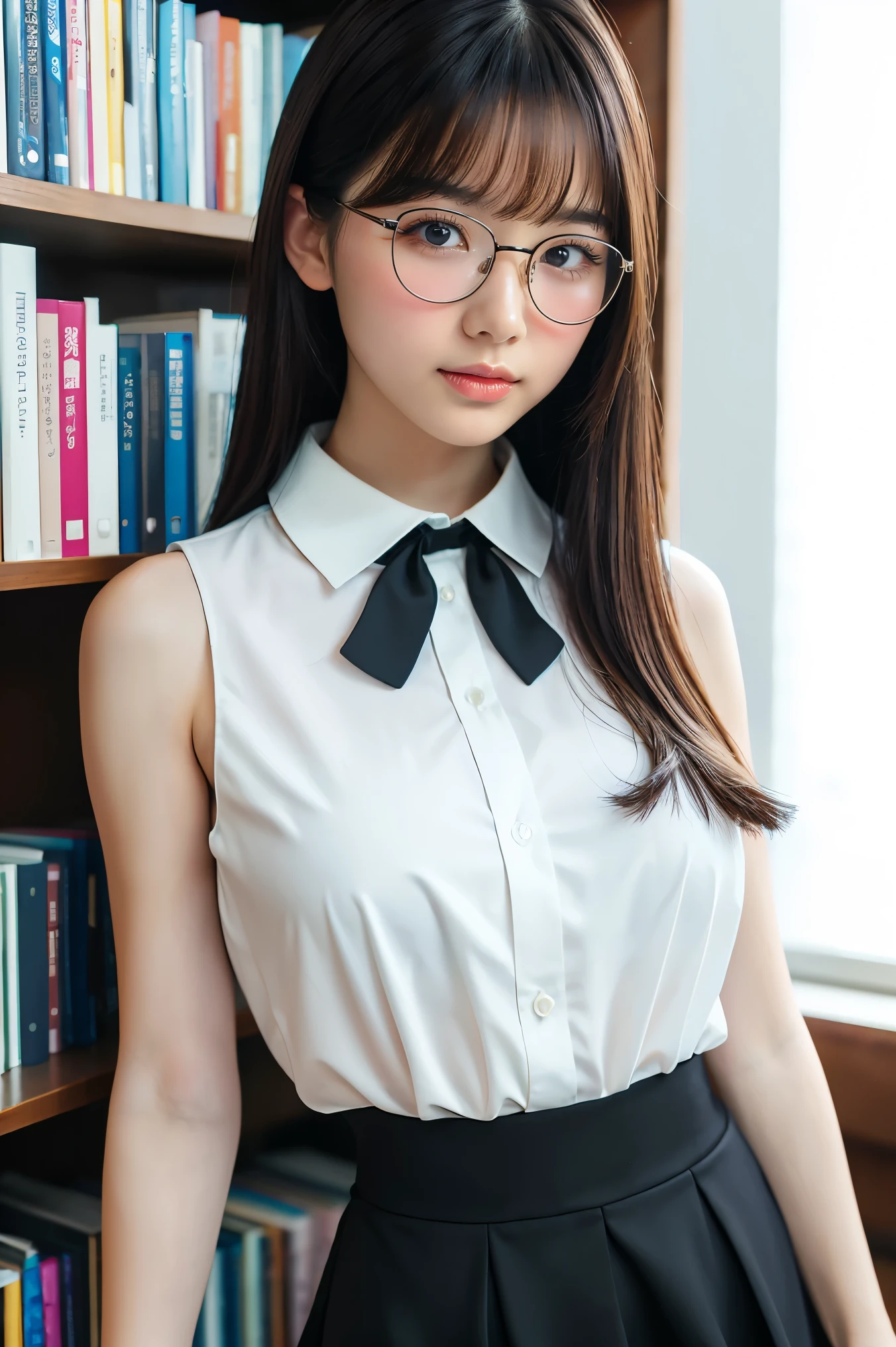 (highest quality、Tabletop、8k、Award-winning works、Ultra-high resolution、Best image quality)、One beautiful woman、(Perfect sleeveless white blouse with collar:1.2)、(White polyester sleeveless、Blouse with buttoned collar:1.3)、(Elegant black tight skirt:1.1)、(Huge breasts:1.15)、(Elegant round glasses:1.2)、library、(Standing Elegantly:1.1)、(Strongly blurred background:1.1)、Stand next to a bookshelf、(Perfectly organized bookshelf:1.1)、Bookshelf in the background、居心地の良いlibrary、lipstick、Long eyelashes、Heavy makeup、Perfect Makeup、Colored contact lenses、Accentuate your body lines、Soft and warm lighting、Detailed bookshelf、(Ultra-high resolutionの正確な美しい髪:1.1)、(Accurate anatomy:1.2)、Ultra-high definition beautiful eyes、(Super bright and radiant skin:1.1)
