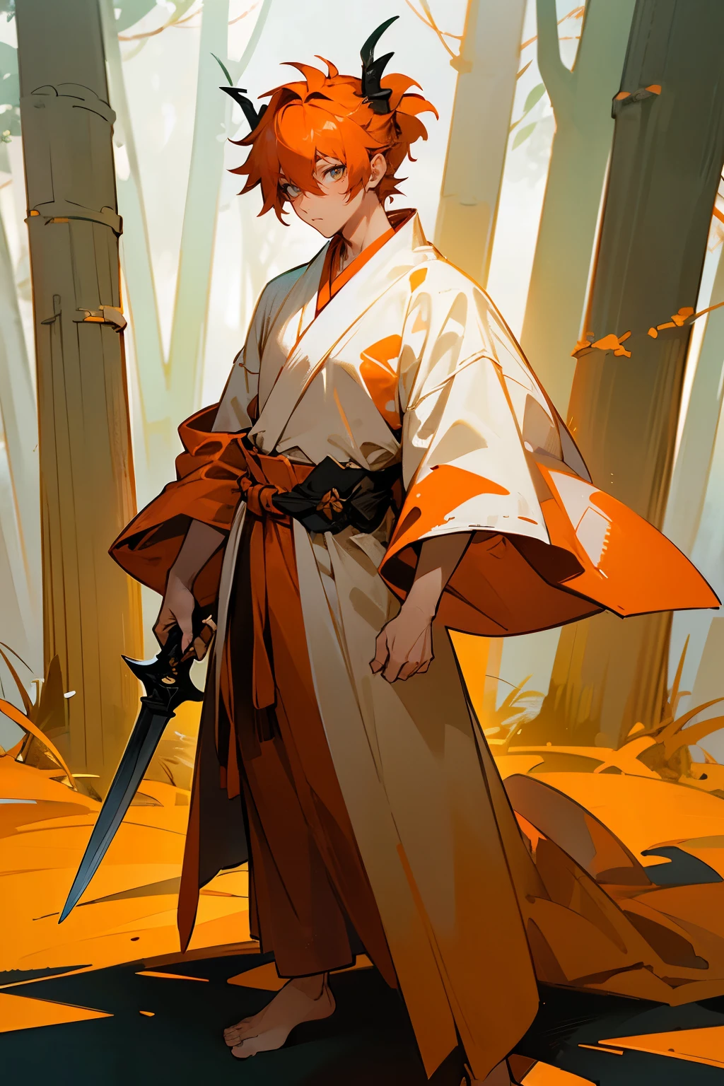 Masterpiece Quality, Perfect Generation, Detailed Eyes, , , Orange Medium Messy Spiky Hair Undercut, Hair Tied, , , , Male, , Detailed Eyes, Standing In Forest City, Facing Viewer, , Male, , Full Body, , Orange Hair, Orange Eyeliner, Horns, Muscular, Swordsman, Orange And White Robes