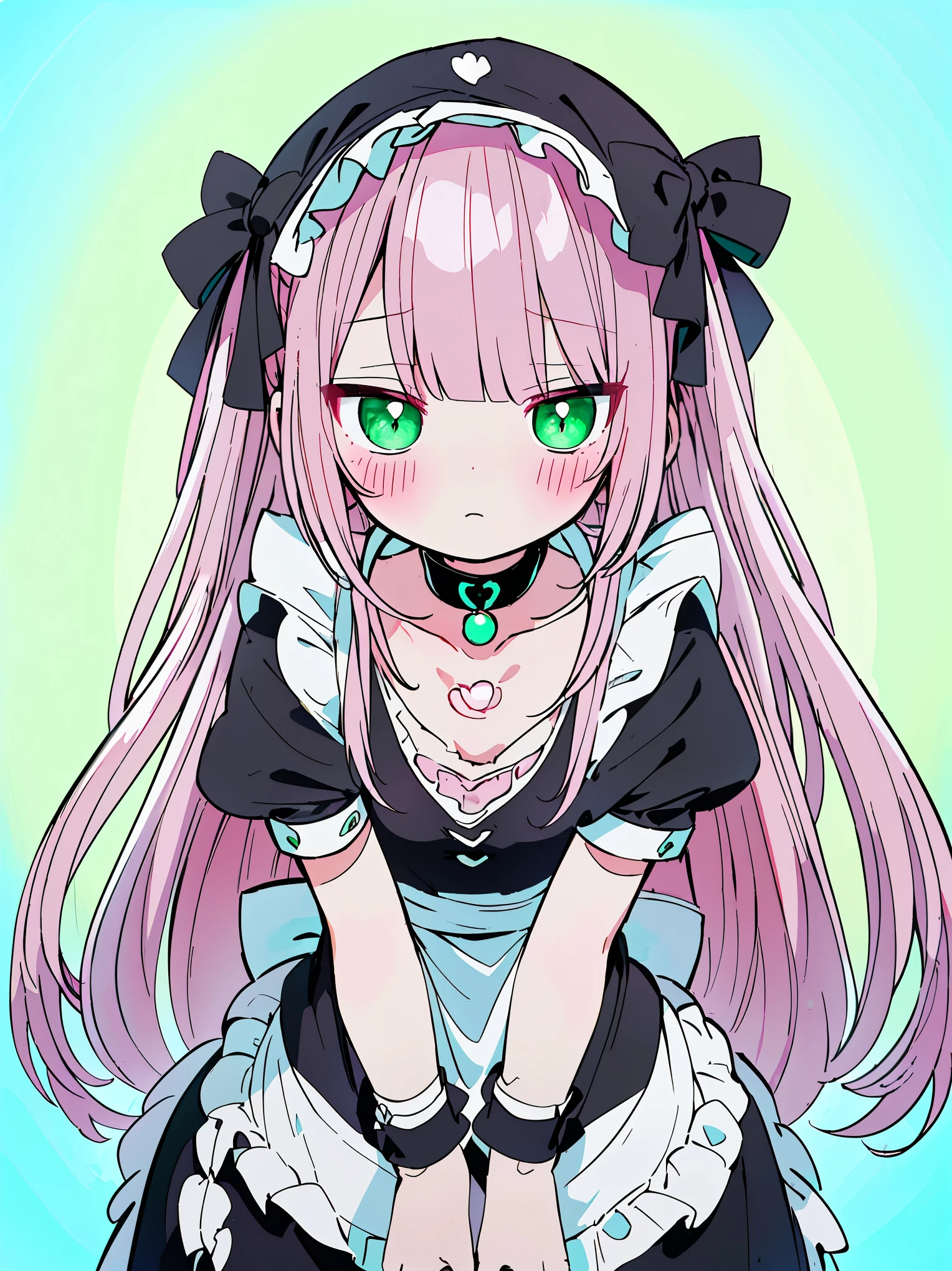 (((pearl pink hair,emerald pupils,green eyes))),((beautiful and detailed)),(blushing), (geometric:1.1),(((black maid dress with frills,collar,hood))), ((1girl,amazing,adorable maid,solo,arms down,big big eyes)),(Masterpiece,Best quality, offcial art,fractal art, Beautiful and aesthetic:1.2),(4k,HD,HRS),((small breasts)),(Physically-based rendering),Sharp focus, (((highdetailskin,The details are complex、Shallow depth of field、movie lighting、Reflectors、a Canon EOS R5、50mm lens、f / 2.8、shot at 8k resolution))),simple cloths，correct pupils,((((shiny hair|soft hair|half bangs|long hair)))),(masterpiece sidelighting),(The sheen),(beautiful hair,beautiful background,bokeh:55mm)),((extremely_Detailed_Eyes_and_face)),Movie girl,(Dynamic posture: 1.2),Brilliant