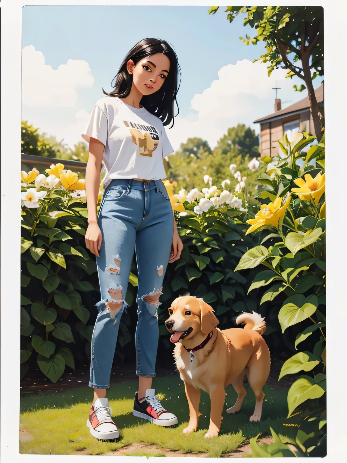 A polaroid photo,A beautiful girl, black hair, white t-shirt, jeans, and sneakers, with a Golden Retriever, in the garden