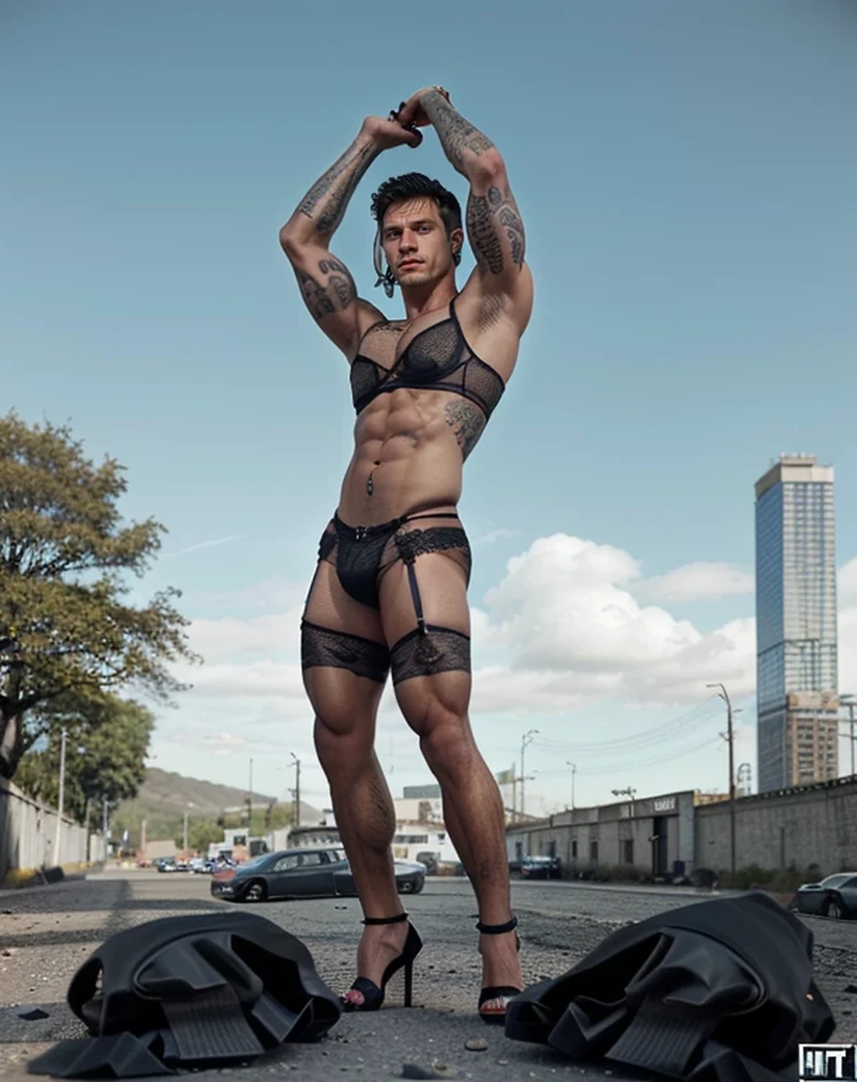 A Muscular masculine hunk man with very short hair, some tattos, panties and hot bra, gaff, black nylon stockings with lace top,garterbelt, padded bra, extreme black high heels with metal heels and closed toes, with makeup, fake nails and fake eyelashes, at the bitch
