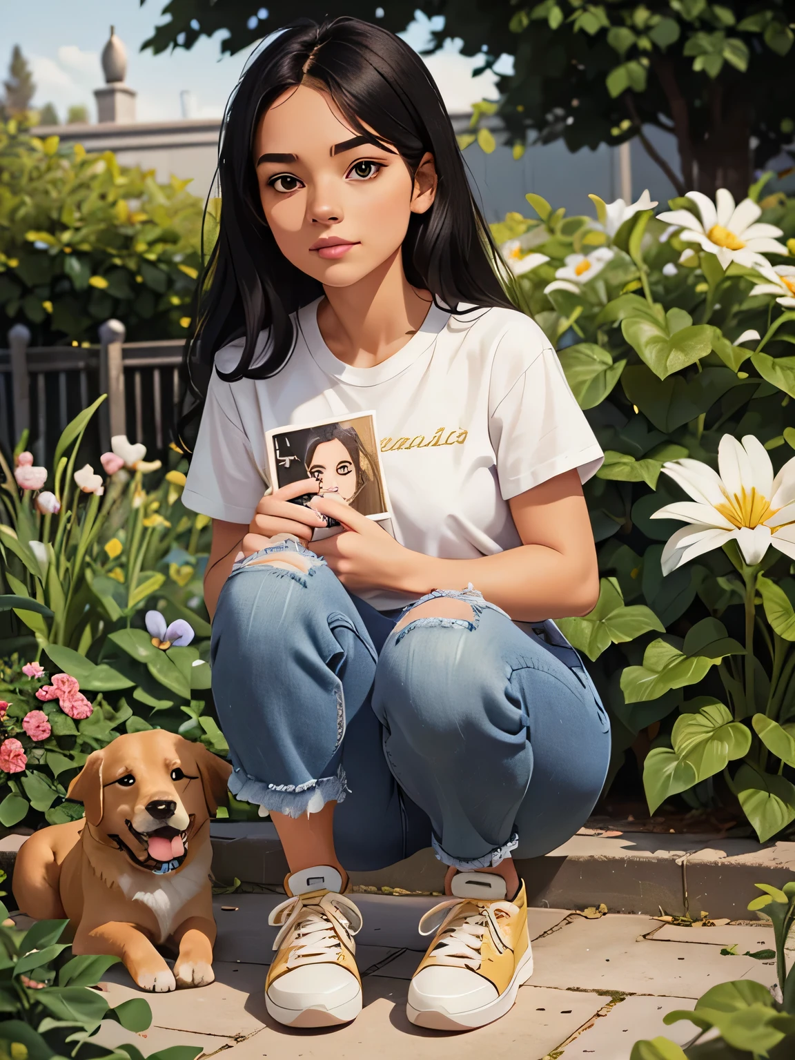 A polaroid photo,A beautiful girl, black hair, white t-shirt, jeans, and sneakers, with a Golden Retriever, in the garden