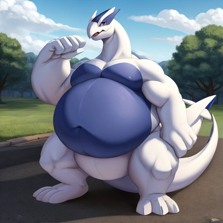 Massive, Solo, Pokemon, Lugia, obese, small face, huge belly, thick arms, belly touches the ground