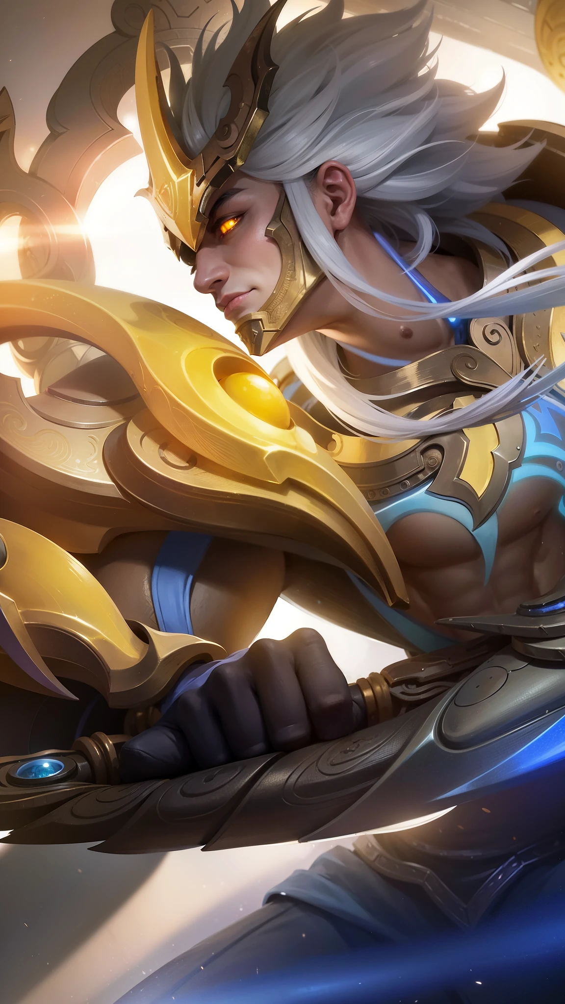 a close up of a man holding a sword in a sky, Masterpiece, ultra HD, detailed all picture, a close up of a devil, dyrroth from mobile legend, evil, extremely detailed artgerm, mobile legends character, inspired by Dyrroth, Six pack chest and abs, black jewel above the chest, light yellow eyes, glare, angry.