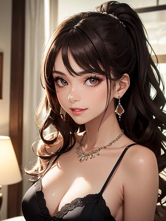 (masterpiece: 1.3), (max resolution: 1.2), (Ultra HDTV: 1.2), cinema light, Ultra HDTV, (Detailed eyes and skin), (detailed facial features), nfsw, 8K resolution, Sharp Focus: 1.2, Perfect Style, Beautiful face, Highly detailed face and skin texture, Detailed eyes, Brown eyes, Double eyelids, Thin eyebrows, Glitter Eyeliner: 1.2, Natural cheeks, Glossy skin, Fair skin: 1.2, shiny necklace and earrings, (Glossy lips: 1.4), BREAK, absurderes,(Wearing a half-opened transparant Chemise:1.3), (Seductive Smile: 1.2), (20 years old, Neat and Clean Girl), (High Ponytail, Wavy Hair, Brown Hair, Diagonally Flowing Bangs), Medium Long Hair, ((Upper body Shot: 1.2)), (Focus on Chest and Face), Medium Large Breasts, indoor suite bedroom