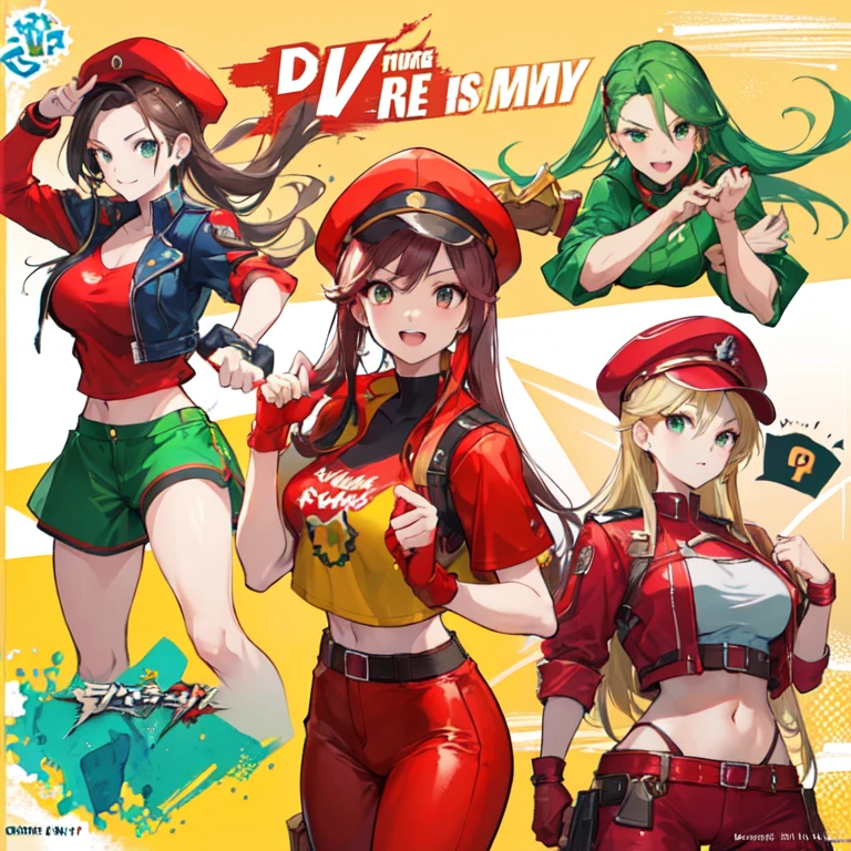 three different poses of a woman in a red hat and green shirt, cammy, video game characters designs, official character art, fighting game character, video game character design, character artwork, video game character art, official concept art, ( ( character concept art ) ), high quality character design, character art the contra, full character concept art, cushart kenz
