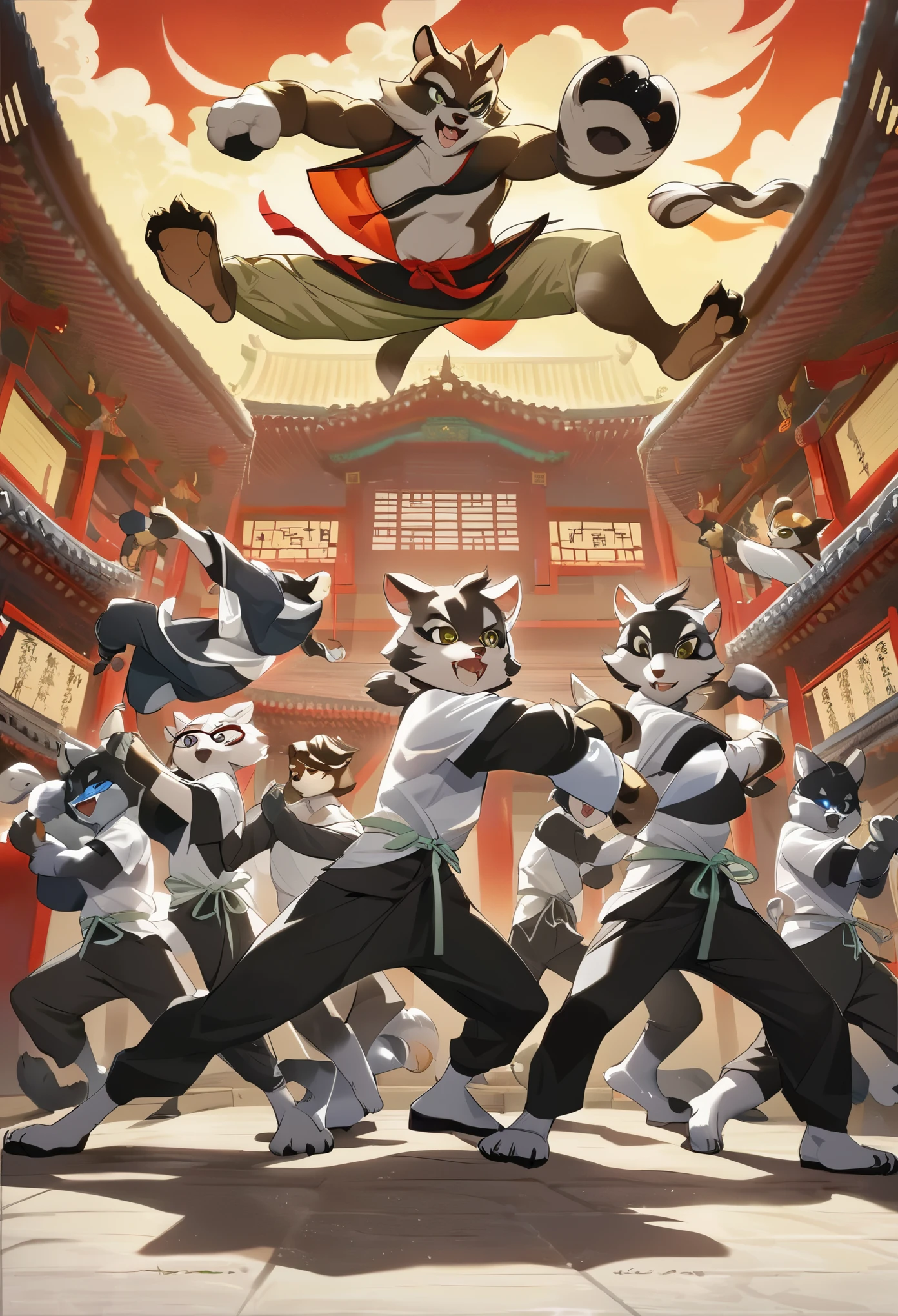 dynamic angle, top quality, best quality, High-quality illustrations, masterpiece, super high resolution, detailed background, detailed background, kung fu film, action, group shot:0.1, 6+boys, 6+girls, absurdres(highly detailed beautiful face and eyes)perfect anatomy, expression, good lighting, cinematic shadow(kemono, furry anthro),