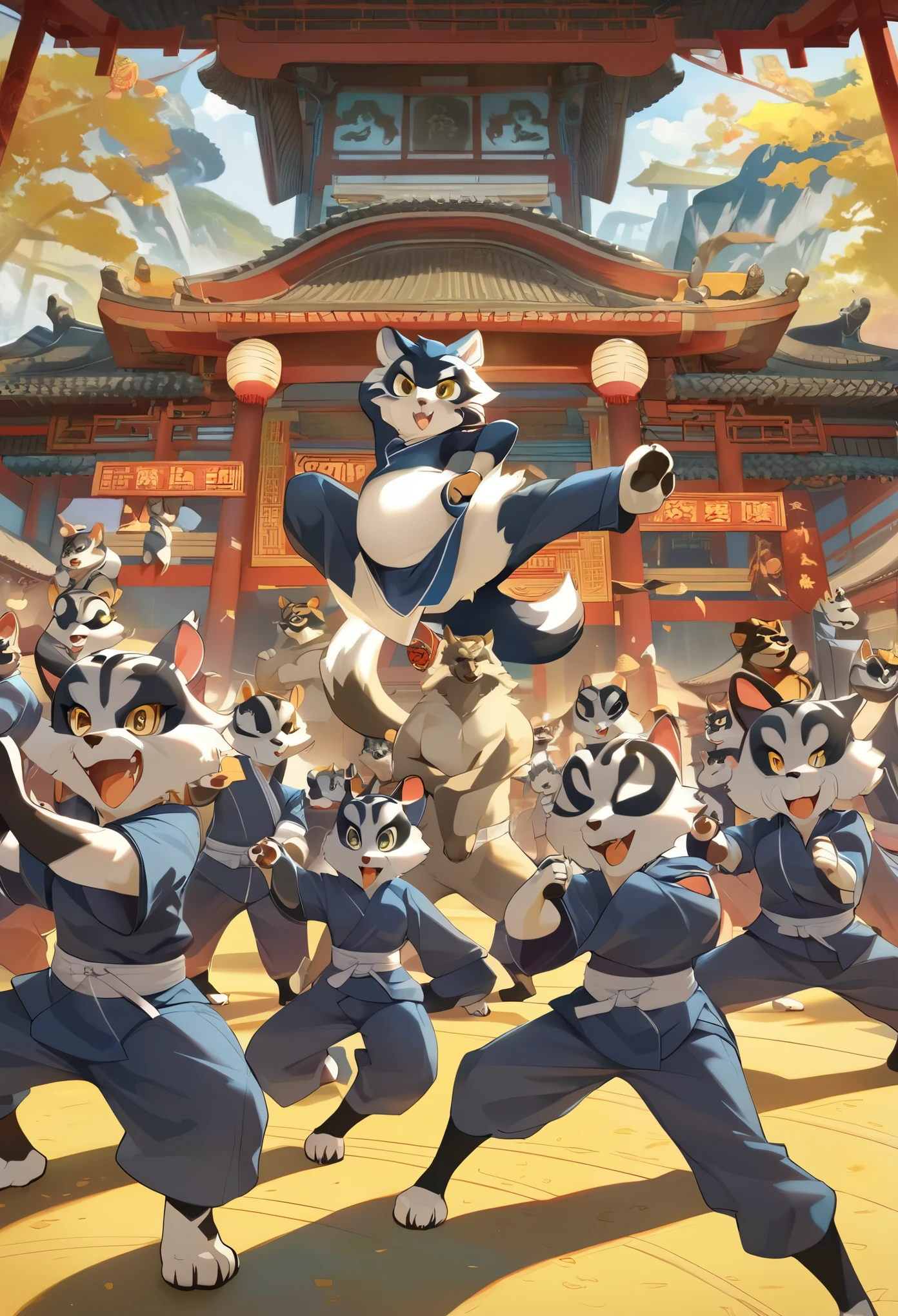 dynamic angle, top quality, best quality, High-quality illustrations, masterpiece, super high resolution, detailed background, detailed background, kung fu film, action, group shot:0.1, 6+boys, 6+girls, absurdres(highly detailed beautiful face and eyes)perfect anatomy, expression, good lighting, cinematic shadow(kemono, furry anthro),