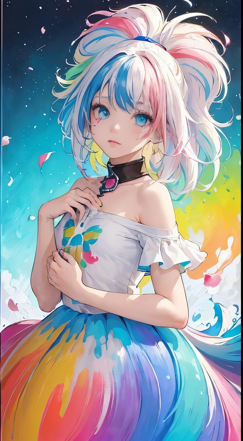 （Pink Fashion T-Shirt：1.9），(colorfulな髪: 1.8), (All the colors of the rainbow: 1.8),(((((vertical painting：1.6))), （painting：1.6），front, comics, figures, paintings, Big eyes, Clear eyes,（ Rainbow gradient high ponytail：1.7）, Exquisite makeup, Mouth closed,(Small Fresh: 1.5),(Wipe the chest: 1.6) ，Long eyelashes, White off-the-shoulder T-shirt,  White shoulder shirt，Looking at the audience, Big teary eyes, (Rainbow Hair：1.6), カラーsplash, （alone：1.8）, カラーsplash, An explosion of colors, thick paint style, Messy Lines, ((The Shining))，(colorful), (colorful), (colorful), colorful, Thick paint Style, (splash) (Color splash), Vertical painting, Upper Body, paint splash, Acrylic Pigments, Slope, paint, Best image quality, highest quality, masterpiece, alone, Depth of written boundary, Face paint,  colorful clothes, (elegant: 1.2), nice,Long Hair, Wind, (elegant: 1.3), (petal: 1.4)，(((masterpiece))),(((highest quality))),((Very detailed)),(figure),(Dynamic Angle),((floating)),(paint),((Disheveled Hair)),(alone),(One girl) , (((Detailed anima face))),((Beautifully detailed face)),collar,Exposing shoulders,Gray Hair, ((colorful hair)),((Striped Hair)),Beautiful fine details,(Slope color eyes),(((colorful eyes))),(((colorful background))),(((High saturation))),(((surrounded by colorful splashes))),